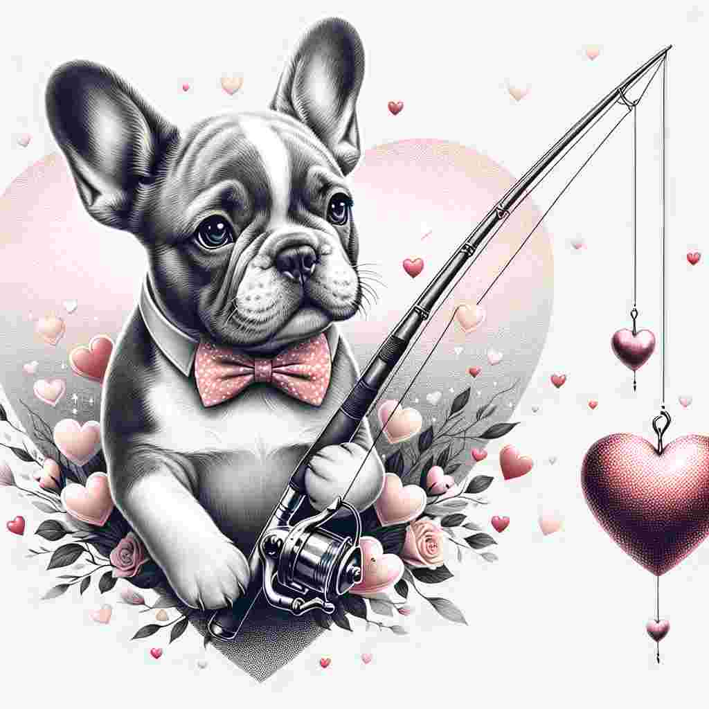 Create a stunning visual centered around a charming grey and white French Bulldog wearing a tiny bowtie and grasping a fishing rod in its paw. The bulldog is stationed in the heart of the illustration, amidst soft pink and red hearts emanating the warmth of Valentine's Day. At the end of the fishing line, showcase a captured heart, signifying the chase of love. The ceiling of the illustration should be adorned with refined wedding bells, subtly merging the spheres of love and marriage.
Generated with these themes: Grey and white french bulldog, Fishing, Love, and Wedding.
Made with ❤️ by AI.