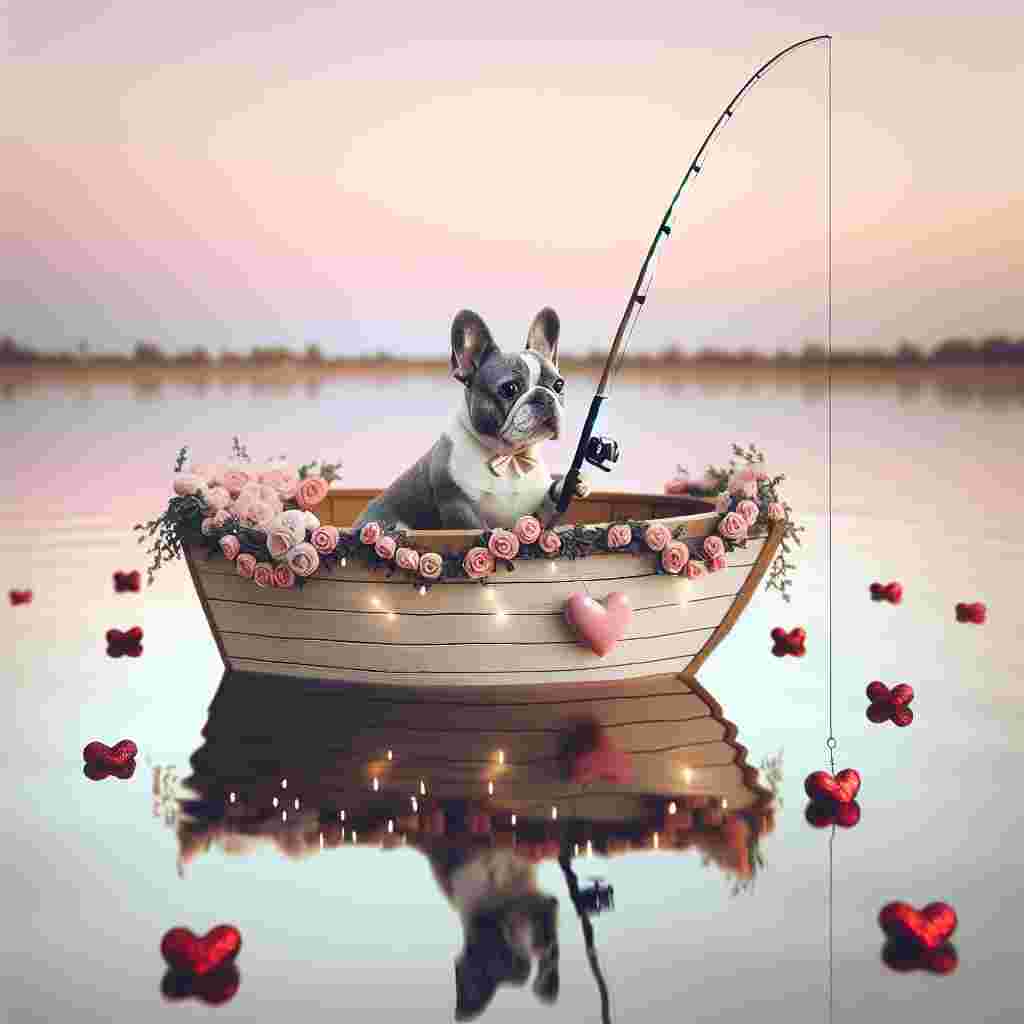 Generate an image representing the second version of a lovingly depicted grey and white French Bulldog. The adorable canine is comfortably seated inside a petite wooden boat adorned with wedding-style garlands. The boat gently floats atop a tranquil love lake, its surface twinkling with heart-shaped ripples. The bulldog, absorbed in the act of fishing, uses a rod whose bobber amusingly mirrors the heart motifs in the water. All around, an atmosphere of sentiment prevails, enhanced by the pastel-hued sky. This sky marks a smooth transition from day to dusk, symbolizing the evolution and maturity of a relationship leading up to a momentous wedding.
Generated with these themes: Grey and white french bulldog, Fishing, Love, and Wedding.
Made with ❤️ by AI.