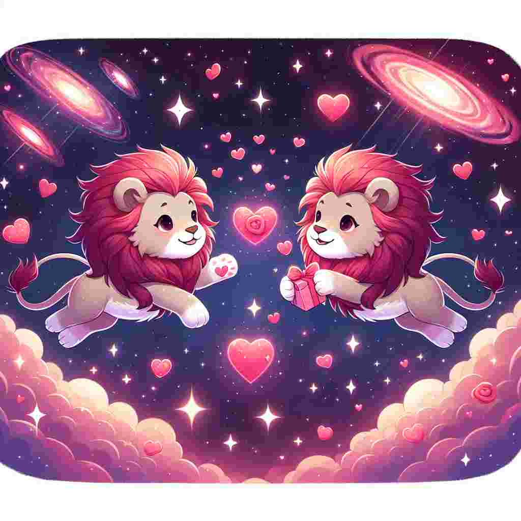 Create a delightful cartoon illustration set in the vast expanse of zero-gravity space. Display two adorable, affectionate lions, their manes lightly hued with shades of pink and red, floating amidst glimmering hearts and stars that light up the environment. Each lion sweetly extends a carefully crafted valentine to the other, signifying their mutual fondness. Utilize the backdrop of remote galaxies and nebulae to convey a sense of Valentine's Day celebrations spanning the universe.
Generated with these themes: Lions, and Space.
Made with ❤️ by AI.