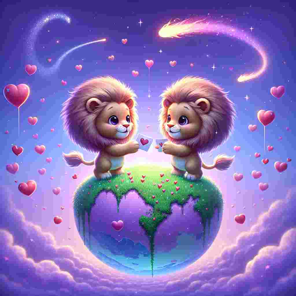 Picture a delightful scene unfolding on a lavender background. Two adorable cartoon lions with wide, endearing eyes exchange whimsical valentine cards against a cascade of miniature hearts. They are standing on a patch of vibrant green grass that grows on a compact spherical planet, signifying the vast expanse of 'space.' The sky above transitions from the lavender hue to deep cosmic blues and purples. Stars glimmer charmingly around this pair, while a passing comet leaves behind a heart-shaped trail, adding a whimsical touch to the celestial Valentine's Day theme.
Generated with these themes: Lions, and Space.
Made with ❤️ by AI.
