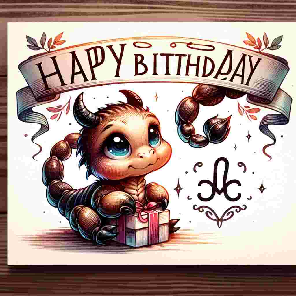 On the face of the card, there's a heartwarming illustration of a scorpion with large, innocent eyes, clutching a small gift. A banner with the Scorpio zodiac sign drapes across the corner while 'Happy Birthday' is inscribed above in a joyful, decorative typeface.
Generated with these themes: Scorpio Birthday Cards.
Made with ❤️ by AI.