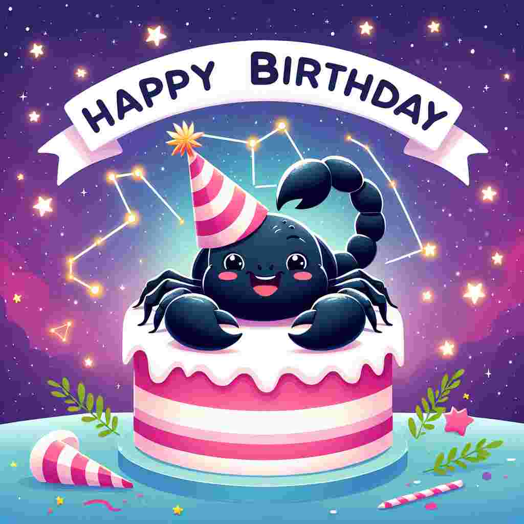 An adorable illustration on the birthday card shows a smiling scorpion with a party hat sitting atop a decorated cake. The Scorpio constellation sparkles in the background. The scene is complete with a bold 'Happy Birthday' message in playful font across the top.
Generated with these themes: Scorpio Birthday Cards.
Made with ❤️ by AI.