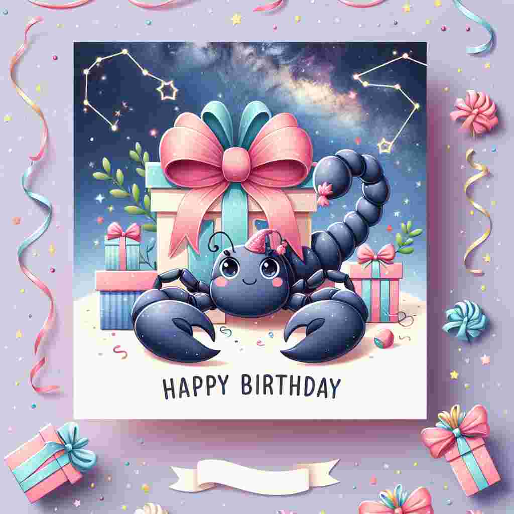 The birthday card displays a charming scene of a cartoonish scorpion wrapped in a festive ribbon bow, surrounded by gifts and confetti. The backdrop features a night sky with the Scorpio constellation highlighted. 'Happy Birthday' is written in a cheerful cursive along the bottom.
Generated with these themes: Scorpio Birthday Cards.
Made with ❤️ by AI.