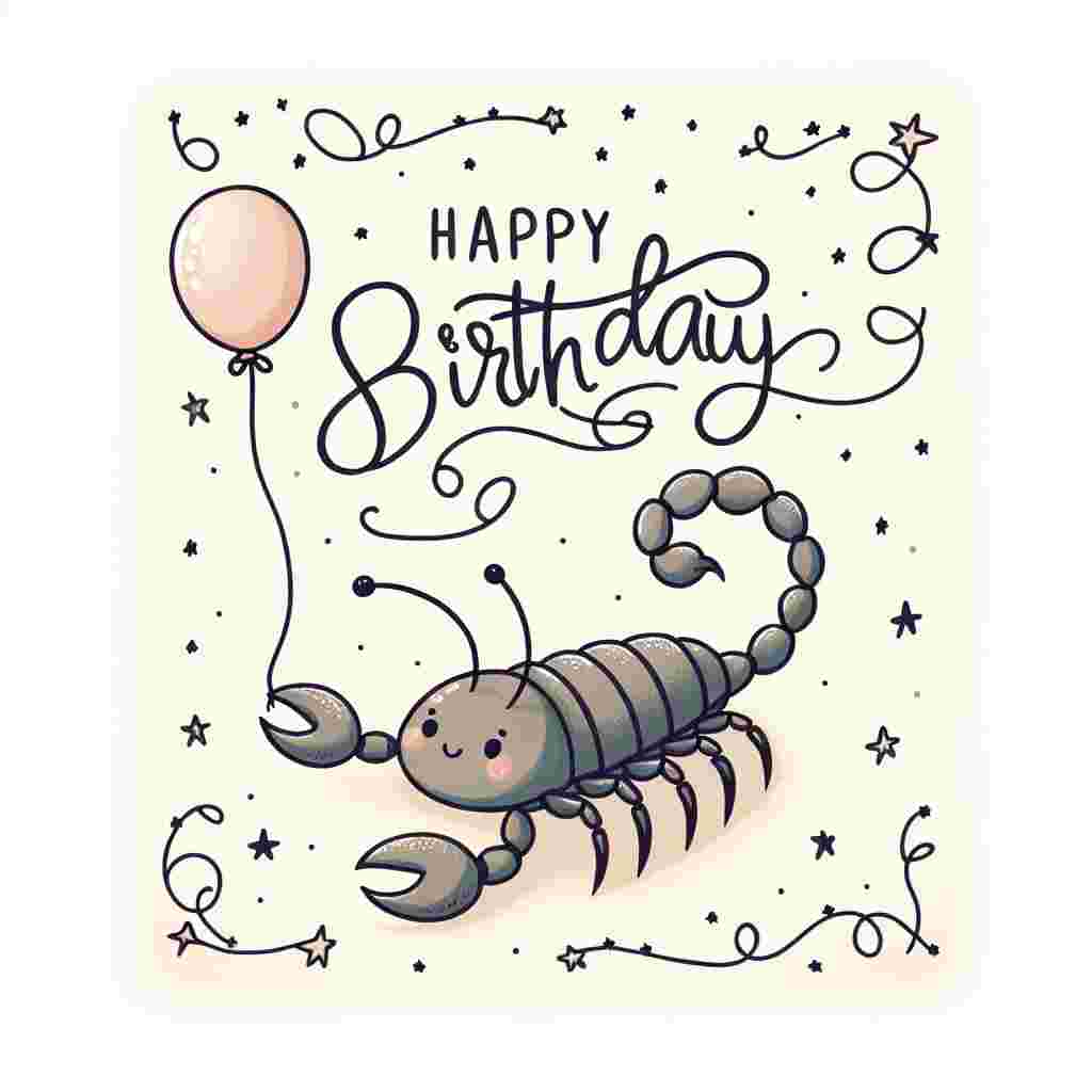 A whimsical Scorpio-themed birthday card featuring a cute scorpion holding a balloon in its pincer. The scorpion is surrounded by a garland of stars representing the Scorpio constellation. Swirled lettering above reads 'Happy Birthday' framed by tiny twinkling stars.
Generated with these themes: Scorpio Birthday Cards.
Made with ❤️ by AI.