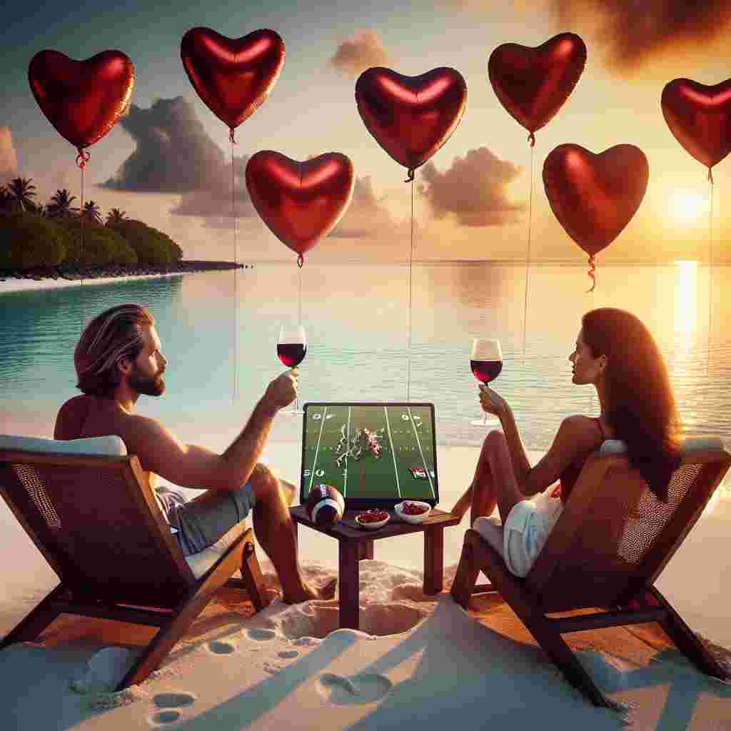 Create a charming Valentine's Day scene featuring a Caucasian man and a Hispanic woman, comfortably seated on the sandy shores of a Maldivian beach. They are engrossed in a football game being played on a portable screen by their side, toasting their wine glasses in unison. Above them, heart-shaped balloons drift lazily in the sky, painting a picture of love and camaraderie. The setting sun imbues the scene with a warm, intimate glow, further amplifying the celebration of their relationship and the magic of the moment.
Generated with these themes: Wine, Football, and Maldives.
Made with ❤️ by AI.
