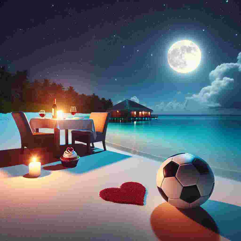 Depict a beautifully serene scene on a beach in the Maldives bathed in moonlight. There is a heart-patterned soccer ball settled in the sandy foreground. Further away, subtly resting in the background, is an inviting scene set for a romantic rendezvous - a cozy table for two, highlighted by the presence of a chilled bottle of wine and an adorable football-themed cupcake. The sky above is brilliant with stars, suggesting a warm, unsettling silence of the night, hinting the essence of romantic Valentine's Day. The soothing whisper of the tranquil sea subtly enriches the romantic ambiance.
Generated with these themes: Wine, Football, and Maldives.
Made with ❤️ by AI.