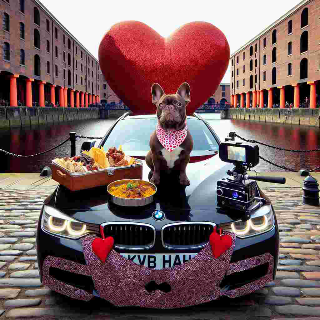 Create an artistic rendition of a fun Valentine's day celebration with an unlikely twist, set in Liverpool's historic Albert Dock. In the foreground, a lively Chocolate and Tan French Bulldog with a heart-shaped neckerchief stands proudly on a polished black BMW, protectively overseeing a spread of Indian cuisine balanced perfectly on the car's hood. Behind the canine hero, the centuries-old dock structures are whimsically adorned with large heart-shaped ornaments, adding a playful touch to the scene. Uniquely juxtaposed with the romance is a portable movie projector, broadcasting classic horror movies, capturing the excitement of the quirky yet endearing scary movie date tradition.
Generated with these themes: Chocolate and Tan French bulldog, Albert Dock Liverpool, Black BMW car, Indian food, and Horror Films .
Made with ❤️ by AI.