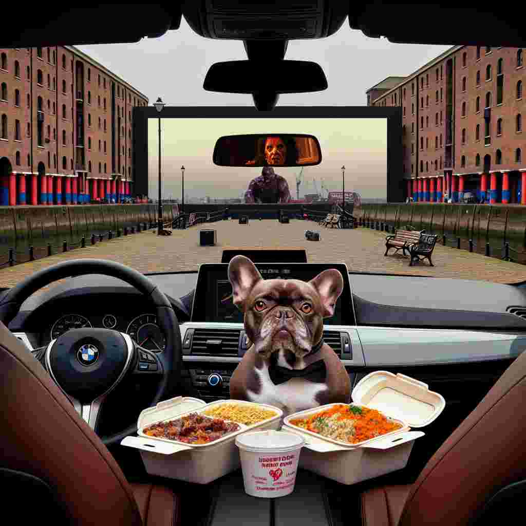 An amusing Valentine's Day illustration set at the well-known Albert Dock in Liverpool. The main character is a Chocolate and Tan French Bulldog sporting a bow tie, sitting in the driver's seat of a sleek black BMW car. The dashboard of the car is humorously overflowing with assorted Indian takeout food containers, suggesting an unconventional romantic meal. In the background, a horror movie is playing on a built-in screen, adding a unique twist to the traditional romantic atmosphere of the day.
Generated with these themes: Chocolate and Tan French bulldog, Albert Dock Liverpool, Black BMW car, Indian food, and Horror Films .
Made with ❤️ by AI.