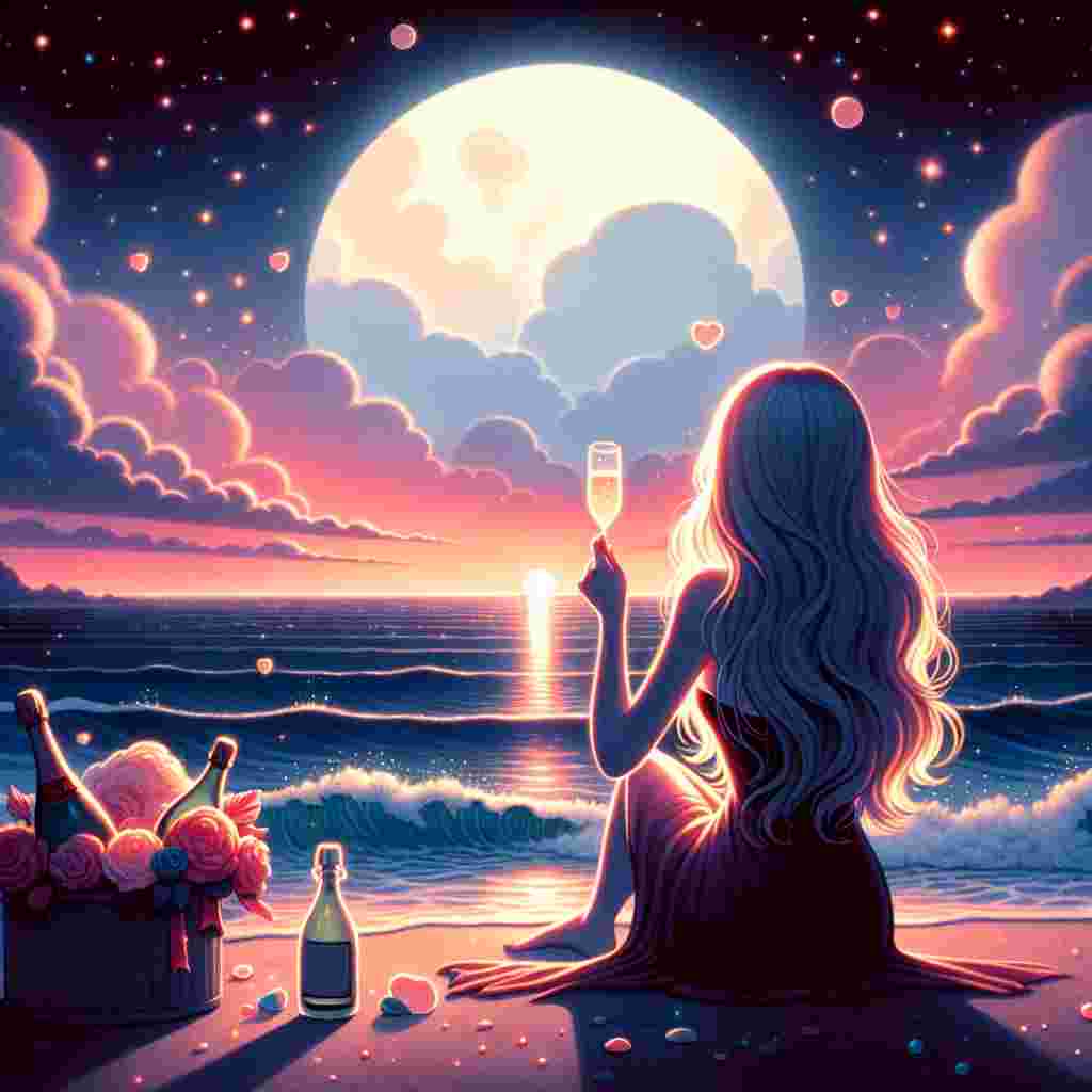 Illustrate a whimsical scene set on Valentine's Day. The setting is a serene beach bathing in the glow of a full moon and the gentle waves are lapping against the shore. The sky above has been engulfed by a sunset casting shades of pink and orange, providing a romantic ambiance. A Caucasian girl with long blonde hair is sitting in the foreground, her silhouette sharply outlined by the bright moonlight. She is extending a toast towards the starlit sky with a glass of champagne in her hand; the bubbles in the champagne catch the dying light of the day.
Generated with these themes: BEACH, FULL MOON, LONG BLOND HAIRED GIRL, SUNSET, and CHAMPAGNE.
Made with ❤️ by AI.