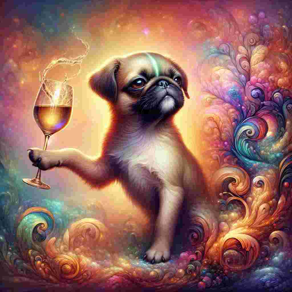 For an anniversary celebration, envision a detailed and whimsical image with a small dog that carries characteristics similar to a pug but different in certain ways, like having a deeper brown coat and light-green streak around its eyes. The dog radiates grace as it delicately grasps a glass of wine with its paw. Surrounding it, there's an enchanting and dreamy landscape where the laws of nature are fluid, colors interweave beautifully, and the ambiance is festive, contributing to the unique charm of the scene featuring the dog's refined enjoyment.
Generated with these themes: Disney pug drinking wine.
Made with ❤️ by AI.