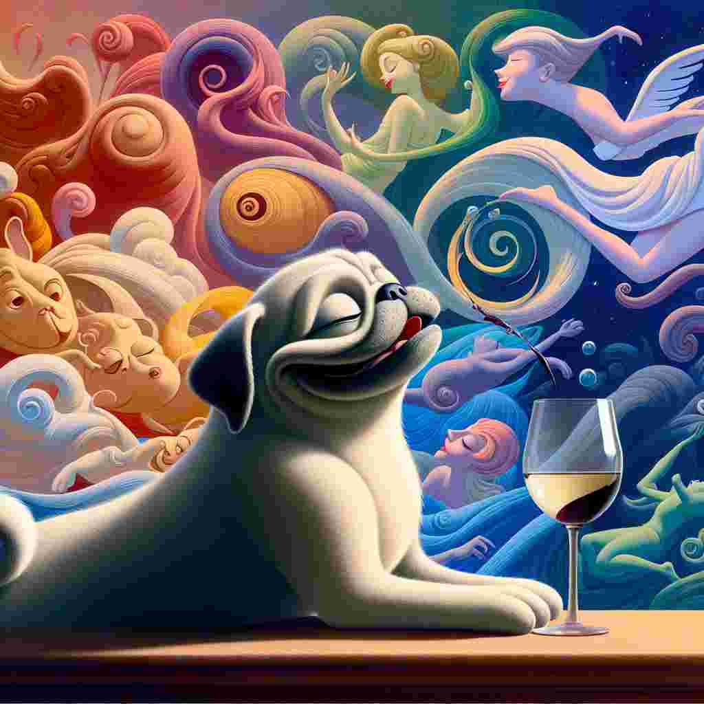 A whimsical portrayal of a celebration encapsulating the eternal nature of love. Central to the scene is an endearing dog of the pug breed, rendered with a stylized approach that evokes the familiarity of classic animated characters. This playful pug is seen savoring wine from a refined glass. The background seamlessly transitions into an array of fantastical colors and forms, illustrating joy, playfulness, and the lasting charm of enduring love.
Generated with these themes: Disney pug drinking wine.
Made with ❤️ by AI.