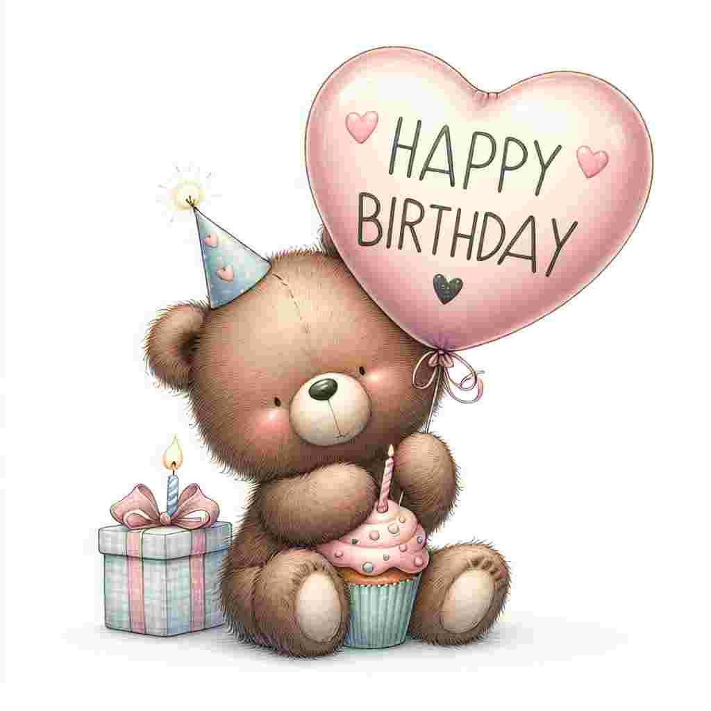 A charming illustration featuring a cuddly brown bear holding a heart-shaped balloon with 'Happy Birthday' inscribed on it. The balloon, along with a festive party hat atop the bear's head, infuses a birthday feel. Soft, pastel-colored presents and a cupcake with a single candle at the bear's feet add a sweet touch designed to appeal to a boyfriend.
Generated with these themes: cute   for boyfriend.
Made with ❤️ by AI.