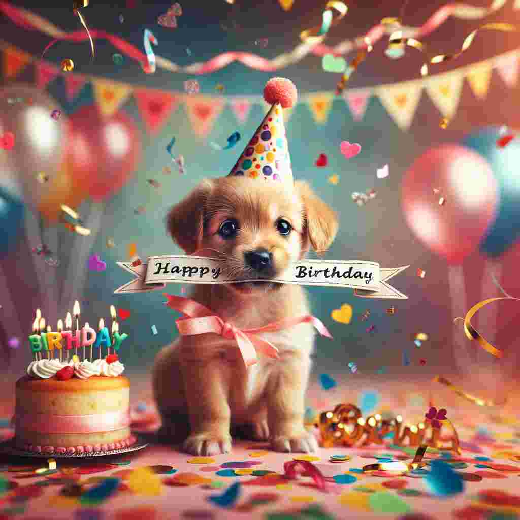 The scene is set with a playful puppy wearing a party hat, surrounded by colorful confetti and streamers. The pup holds a banner in its mouth with 'Happy Birthday' in cheerful lettering. Balloons shaped like hearts float around, and a small cake with a heart topper sits nearby, creating an affectionate birthday theme for a boyfriend.
Generated with these themes: cute   for boyfriend.
Made with ❤️ by AI.