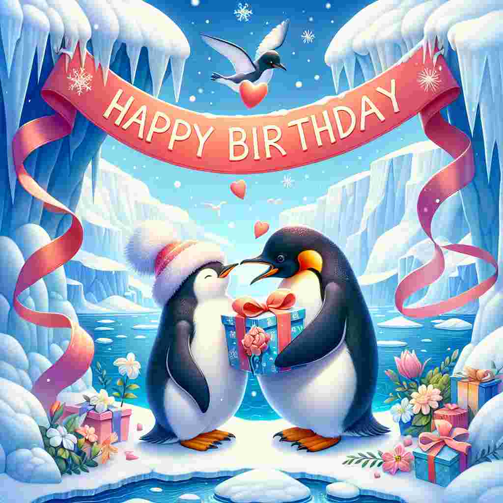 A whimsical drawing showcases a pair of penguins, one offering the other a wrapped gift with a heart tag, implying a boyfriend's birthday. A banner behind them drapes between two icebergs, cheerfully proclaiming 'Happy Birthday', while delicate snowflakes hint at a winter birthday theme.
Generated with these themes: cute   for boyfriend.
Made with ❤️ by AI.