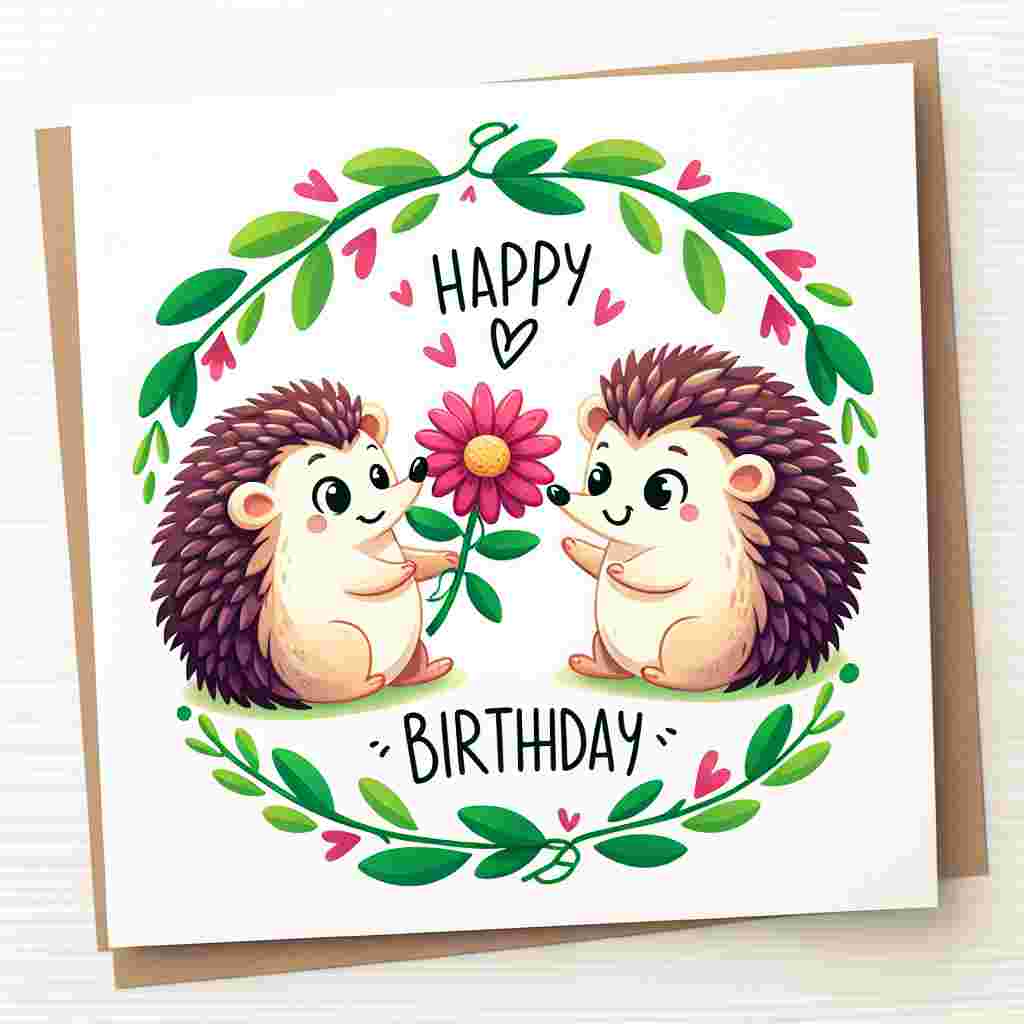 An endearing illustration depicts two cartoon hedgehogs exchanging a gift, with the smaller one presenting a flower to the larger, symbolizing a boyfriend figure. Above them, the words 'Happy Birthday' are stylized as part of a leafy vine, complementing the natural, cute theme of the drawing.
Generated with these themes: cute   for boyfriend.
Made with ❤️ by AI.