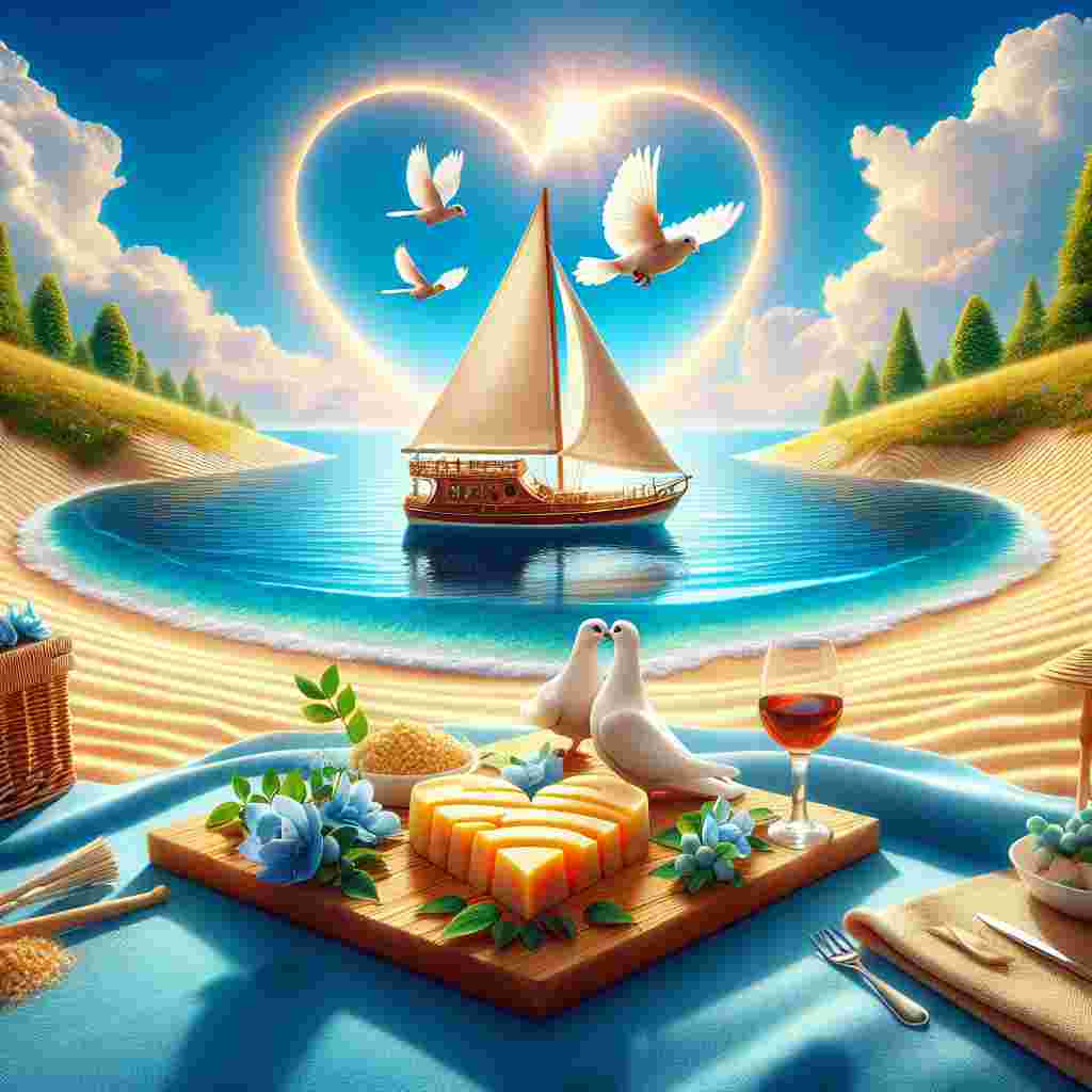 Create an image which portrays a romantic beach scene in honor of Valentine's Day. At the center, a minuscule sailboat should be visible, its sail taking the shape of a heart, sailing peacefully on the calm, blue sea, symbolizing an amorous adventure. The glorious sandy beach should softly curve in the forefront, dotted with small dunes that guide us towards a comfortable picnic arrangement. Under a sky brilliantly lit by the sun, a pair of doves should be seen nestled together, standing as a symbol of love, surrounded by delectable cheese carefully displayed on a wooden platter, prepared for a returning couple. The landscape should have a vibrant yet serene ambience, encapsulating the spirit of celebration of love.
Generated with these themes: Sailing boat, Beach, Birds, Cheese, and Sunny.
Made with ❤️ by AI.