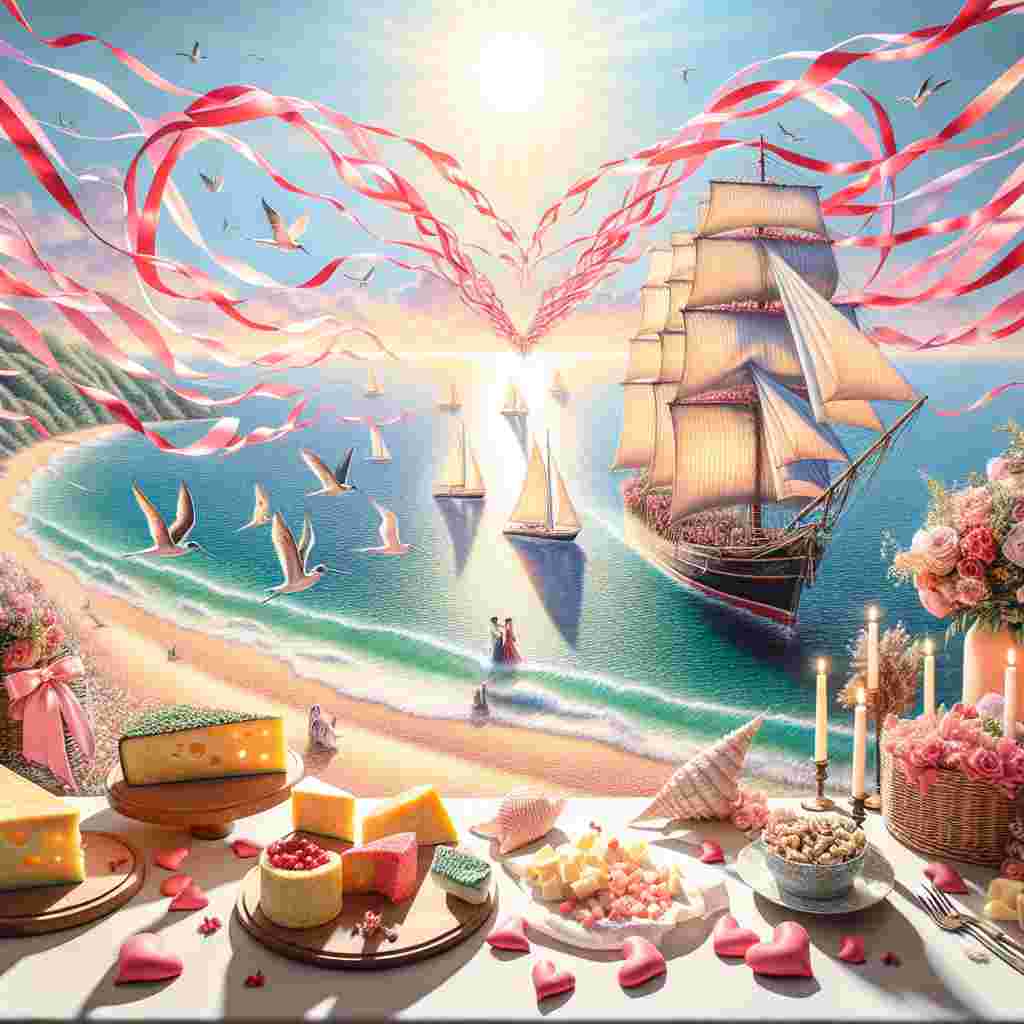 A coastal celebration of love is depicted in detail. In the middle of the seascape, a sailing boat decorated with pink and red streamers is leisurely sailing, its sails billowing in the sunlight. The scene is set against a sunlit backdrop that intensifies the vibrancy of the colors. The beach, rendered in pastel hues, is scattered with seashells beside a selection of gourmet cheeses, inviting for an intimate gathering. A flock of birds in the sky is forming a heart shape, adding a playful element to the Valentine's Day setup.
Generated with these themes: Sailing boat, Beach, Birds, Cheese, and Sunny.
Made with ❤️ by AI.