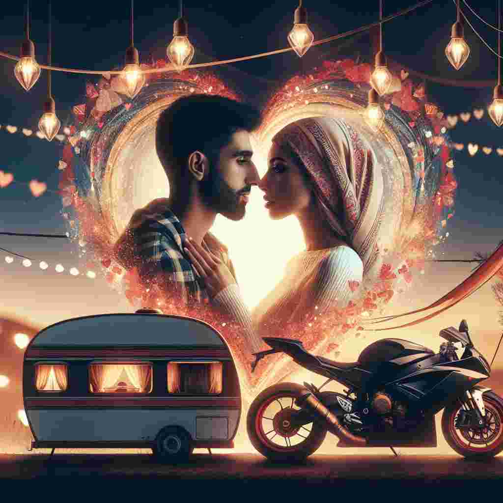 Create a dreamy image featuring a Middle-Eastern man and a Hispanic woman encapsulated in a romantic Valentine's Day scene. Their lips meet tenderly as their silhouettes stand out in the foreground. Behind them, a cozy caravan punctuates the scene, adorned with strings of twinkling lights that emanate a warm, inviting glow. Parked nearby, a sleek, abstractly designed sports bike, which isn't tied to any brand or model, contributes an adventurous touch to the composition. Whimsical heart shapes surround this couple, appearing to float and dance in the air, illustrating the palpable love and affection shared between the two.
Generated with these themes: Couple kissing , Caravan, Ducati sportsbike, and Hearts.
Made with ❤️ by AI.