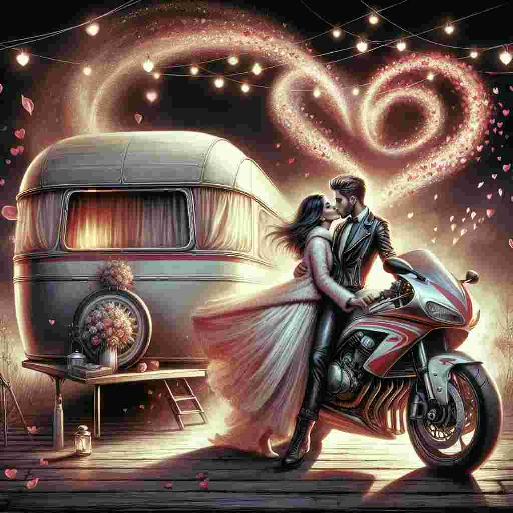 Create a Valentine's Day illustration featuring a Caucasian male and a Middle-Eastern female in a loving embrace, sharing a passionate kiss beside an antique caravan. The caravan, illuminated by a gentle halo of decorative lights, is parked next to a gleaming sports motorbike, indicating the couple's mutual love for adventure and velocity. The atmosphere is filled with a whirlwind of hearts swirling around the pair, reminiscent of falling petals, epitomizing the sentiments of romance and festivity.
Generated with these themes: Couple kissing , Caravan, Ducati sportsbike, and Hearts.
Made with ❤️ by AI.
