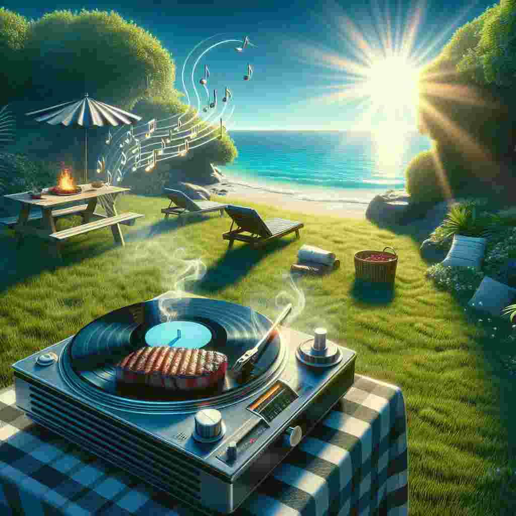 Create an illustration of a tranquil garden located next to a luminous beach, bathed in the gentle radiant shine of the sun, reminiscent of a palpable 1980s summer vibe. A vintage turntable lies on a monochrome checkered cloth in the lush green grass, spinning a vinyl record from the 80s that sends music notes gently floating in the breeze. The central object of the scene is a sizzling barbeque grill, on which a succulent steak is slowly grilling to reach that perfect sear which hints of a day of relaxation and indulgence. The fatherly presence is implied through the peaceful union of the beach and garden surroundings.
Generated with these themes: Beach, Sun, 80s music, Garden, and Steak.
Made with ❤️ by AI.