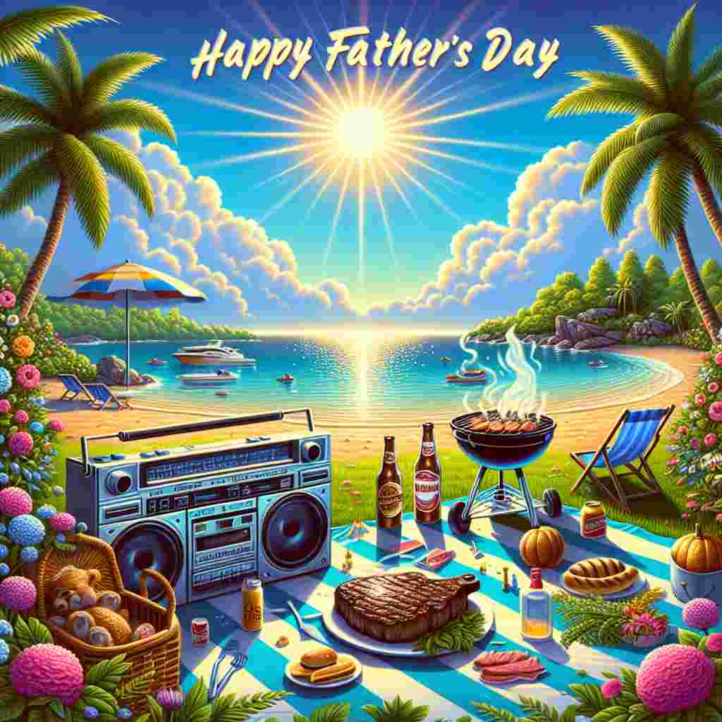 Create a joyous Father's Day illustration set in a tranquil beach environment bathed in the radiant sunlight, evoking the lively atmosphere of the 80s. The sunny beach is outlined by a lush green garden brimming with assorted flowers and plants dad cherishes. A antediluvian boombox occupies a spot on the picnic blanket, belting out iconic 80s melodies. The scene is anchored by a grill, sizzling a piece of succulent steak which sends enticing smells wafting along the sea breeze. Although the father is conspicuously absent, one can easily envisage him relaxing in this idyllic space, an apt homage for Father's Day.
Generated with these themes: Beach, Sun, 80s music, Garden, and Steak.
Made with ❤️ by AI.