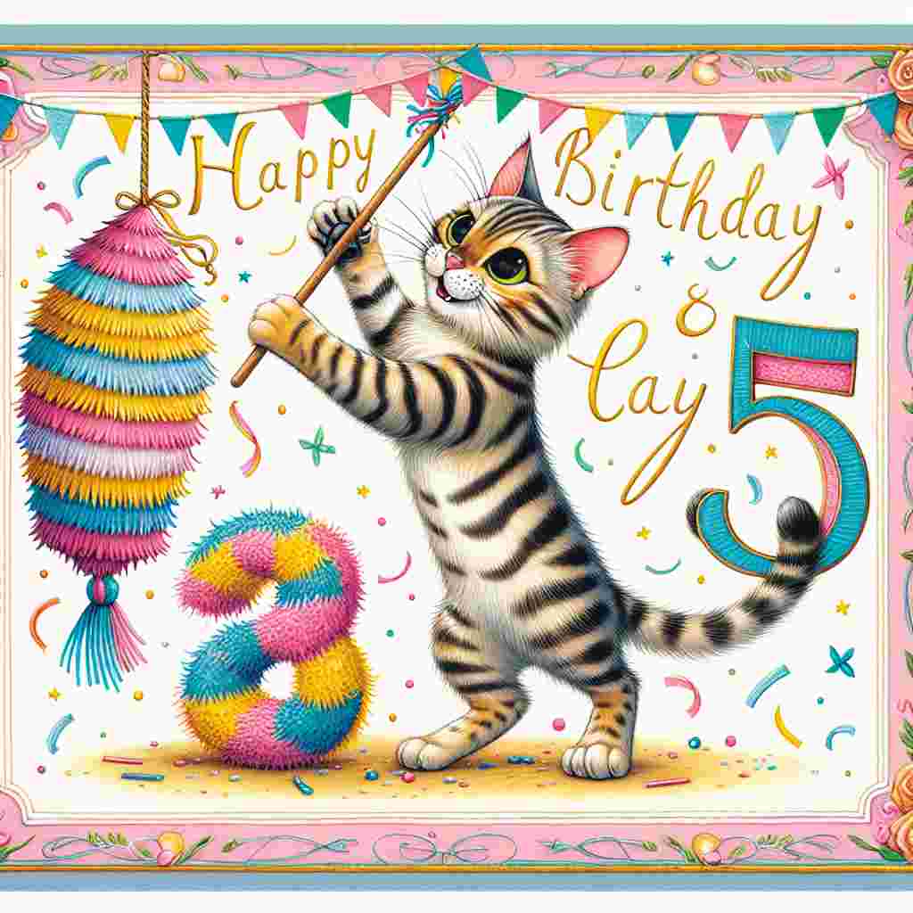 An illustration of a joyful Bengal cat batting at a hanging piñata in the shape of the number representing the recipient's age sets the theme for this birthday card. Streamers in pastel colors frame the scene, and the 'Happy Birthday' message sparkles right above the action. 'Bengal Birthday Cards' is etched playfully into the base of the piñata.
Generated with these themes: Bengal Birthday Cards.
Made with ❤️ by AI.