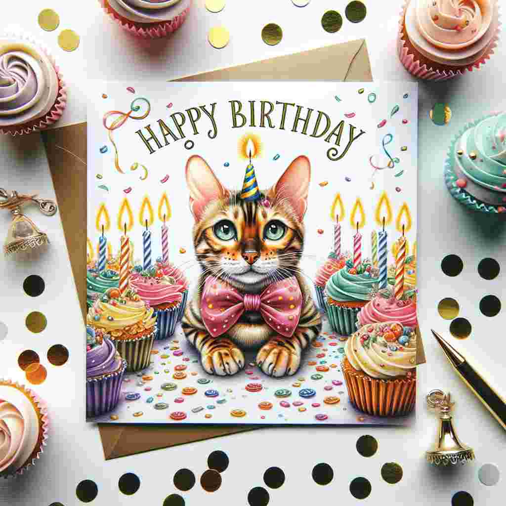 The card depicts a charming scene with a Bengal cat wearing a festive bow tie, nestled among a colorful array of cupcakes with a single candle on top. Confetti falls gently around as 'Happy Birthday' is gracefully scribed across the top corner. The words 'Bengal Birthday Cards' are woven into the border of the card.
Generated with these themes: Bengal Birthday Cards.
Made with ❤️ by AI.