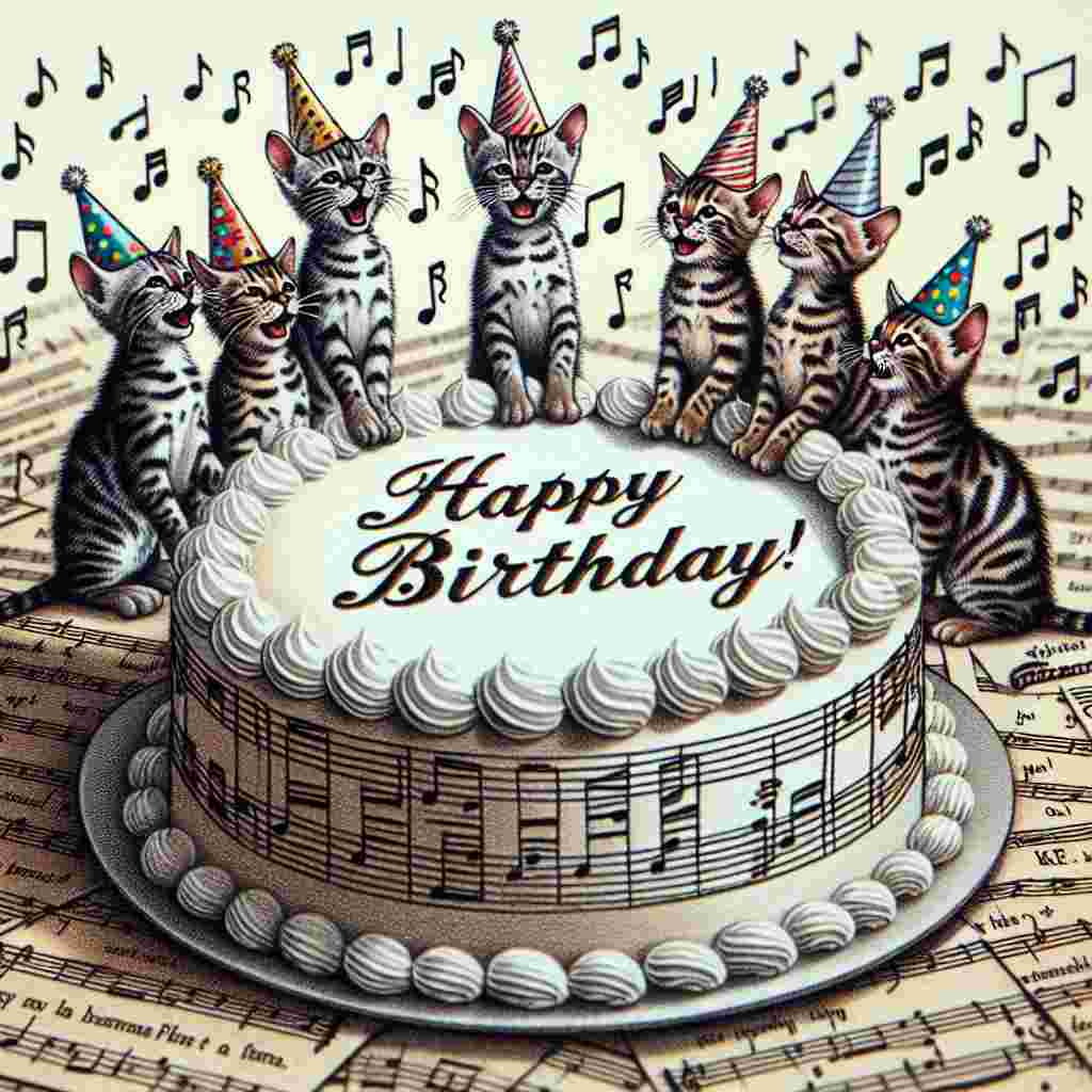 In this scene, a group of Bengal cats are gathered around a birthday cake, wearing miniature party hats. They appear to be singing, with musical notes dancing in the air. The 'Happy Birthday' greeting stands out as a banner draped across the top, and 'Bengal Birthday Cards' is embossed along the edge of the cake stand.
Generated with these themes: Bengal Birthday Cards.
Made with ❤️ by AI.