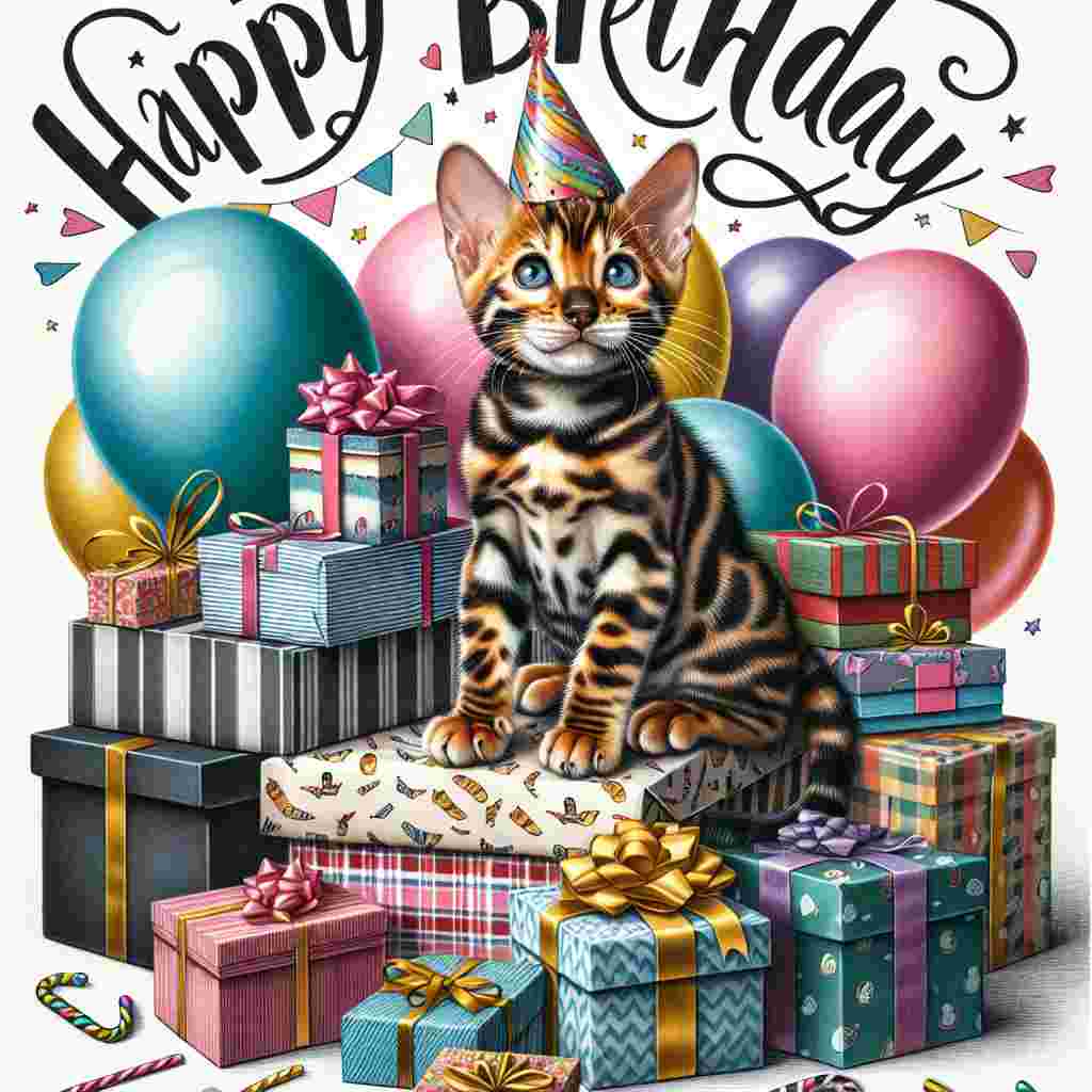 A Bengal kitten sits atop a pile of gift boxes, surrounded by balloons of varying colors. A party hat is perched comically on its head. Above the scene, the text 'Happy Birthday' is written in cheerful, bold lettering, forming an arch. 'Bengal Birthday Cards' is subtly integrated into the pattern of the kitty's fur.
Generated with these themes: Bengal Birthday Cards.
Made with ❤️ by AI.