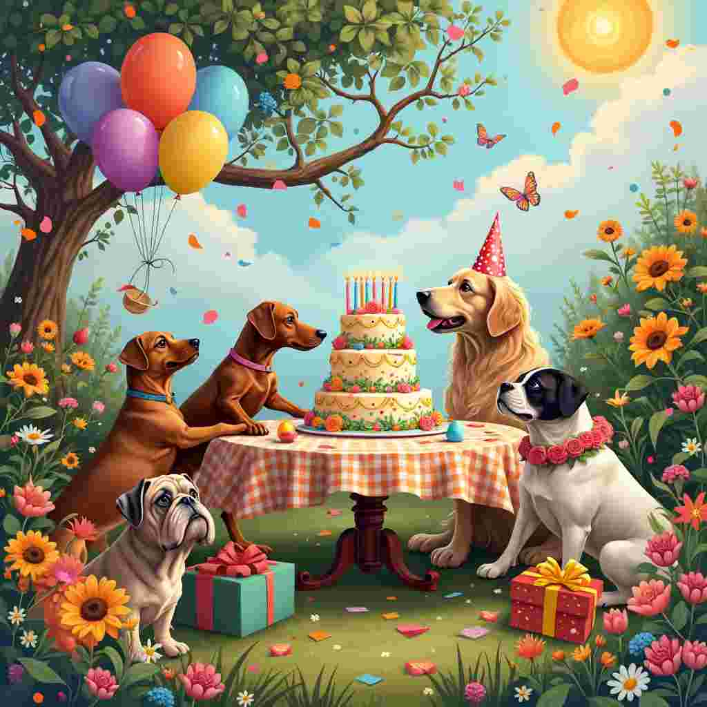 In the center of the birthday greeting card, a whimsical scene unfolds featuring a group of dogs of various breeds gathered in a picturesque garden. The garden is lush with vibrant flowers in full bloom, including sunflowers, tulips, daisies, and roses, arranged in an almost orchestrated chaos around the scene. At the heart of this gathering stands a large, ornate table draped in a checkered tablecloth. On the table is an extravagant, multi-tiered cake decorated with bright, playful icing and topped with bone-shaped candles.

One particularly mischievous dachshund, standing on its hind legs, stretches its paws towards the cake, almost as if ready to steal a lick of the icing. To the right, a regal golden retriever dons a party hat askew, looking towards the cake with excitement, while a pug, with a flower garland around its neck, seems mesmerized by a nearby butterfly hovering over a cluster of daisies.

In the background, a whimsical tree stands, its branches dotted with colorful balloons that sway gently in the breeze. The balloons are tied to the branches with ribbons that dance above the heads of the dogs. On the left side, a small table holds an assortment of birthday presents wrapped in vibrant papers and adorned with oversized bows, a few with dog-themed wrapping paper.

Near the bottom of the card, a playful border of paw prints and confetti adds a festive touch, guiding the viewer’s eye towards the center of the scene. The sky above is clear with a few puffy clouds, and a radiant sun peeks from the top right corner, casting a warm glow over the entire garden party.

This detailed and animated scene not only celebrates a birthday but tells a charming story of joy and playful mischief, perfectly capturing the essence of a dog's joyful nature amidst the celebration.
Generated with these themes: Dogs, Cake, and Flowers.
Made with ❤️ by AI.