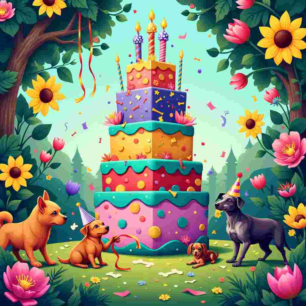 Imagine a quirky, vibrant birthday scene set in a lush, enchanted garden. The scene is bustling with joyful dogs, lively flowers, and a gigantic, whimsical birthday cake. 

Front and center, there's an enormous, multi-tiered cake with an intricate, vector-style design. Each layer of the cake is a different vibrant color—bright turquoise, lemon yellow, candy apple red, and royal purple—decorated with playful patterns like polka dots, stripes, and zigzags, taking inspiration from the geometric patterns of Matt W. Moore. The cake is adorned with oversized candles in the shape of dog bones, and the topmost tier is crowned with a charming cake topper—a small figurine of a dog wearing a party hat.

Around the cake, a diverse group of dogs is engaged in playful antics. To the left, a fluffy Pomeranian, rendered in Patrick Seymour's sharp, angular style, stands on its hind legs, trying to sniff the cake's bottom tier. Near the cake's base, a mischievous Dachshund in a polka-dotted party hat is tugging on a streamer that’s unraveling from the cake, drawing inspiration from Geo Law's playful character design. To the right, a pair of elegant Greyhounds, reminiscent of Malika Favre's smooth, clean lines, are sitting politely with party hats on, each holding a bouquet of flowers in their mouths. 

The background is filled with oversized, colorful flowers that have an almost pop-art feel, echoing Cristiano Siqueira's bold and vibrant palette. The flowers are varied—sunflowers with spiraling petals, daisies with intricate centers, and tulips in full bloom, each flower meticulously detailed with bright, contrasting colors and sharp outlines. Vines adorned with blossoms and foliage twist around and frame the scene, drawing the viewer's eyes towards the center. 

In the foreground, a playful border of confetti and streamers is scattered on the grass, designed with the dynamic energy of Joshua Davis's patterns. Amongst the confetti, you can see tiny elements like small bones, paw prints, and mini flowers, adding a touch of whimsy and detail. 

Above the scene, a banner strung between two tall flowering plants reads "Happy Birthday!" in a hand-lettered style inspired by Von Glitschka, with each letter decorated with its own unique pattern and color.

This lively, detailed scene captures a story of playful celebration, bringing together dogs, cake, and flowers in a joyous, artful composition perfect for a birthday greeting card.
Generated with these themes: Dogs, Cake, and Flowers.
Made with ❤️ by AI.