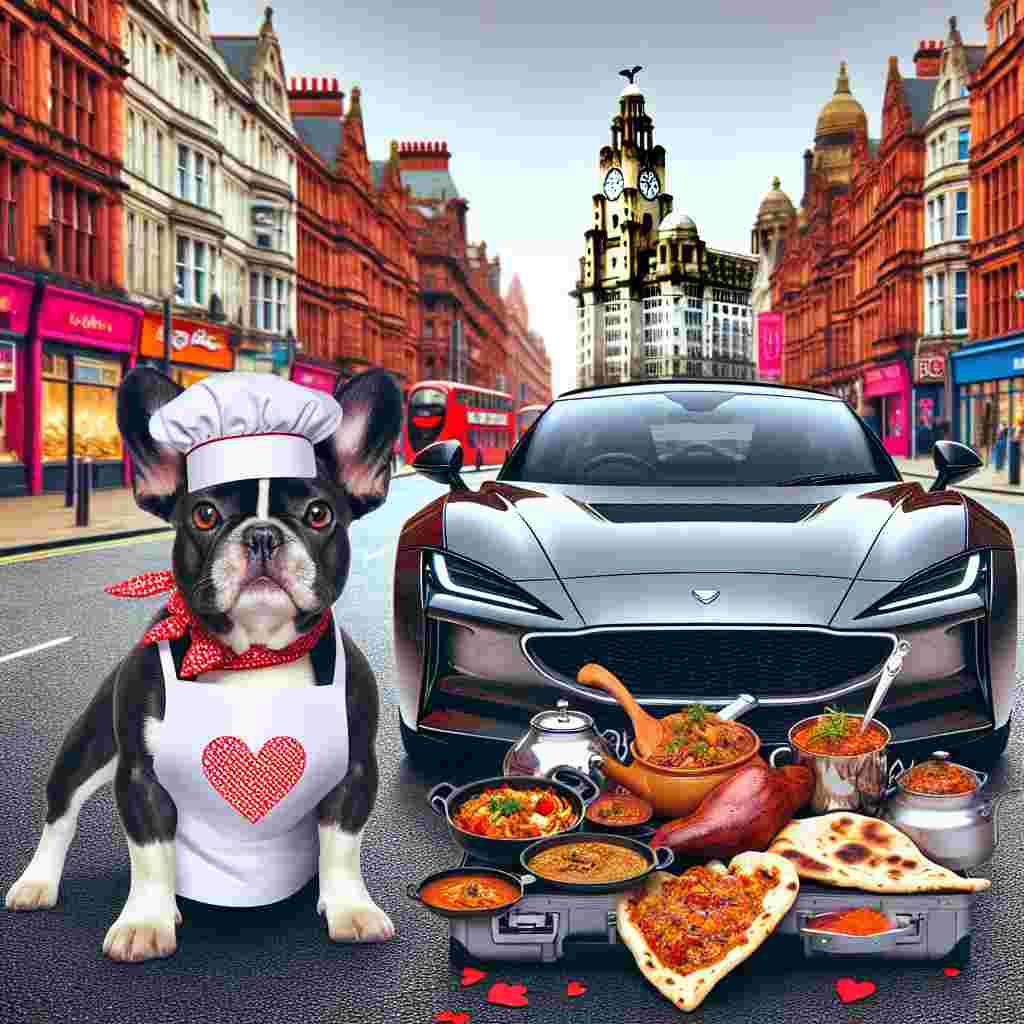 Create a comical Valentine's Day scene featuring a black and tan French Bulldog wearing a chef's hat and apron adorned with a heart pattern. The cute dog is standing on the vibrant, bustling streets of a city similar to Liverpool, perhaps beside a shiny, sleek black electric sports car, reminiscent of a Polestar model. The trunk of the car is humorously overflowing with an array of traditional Indian food dishes, like curry and naan, cleverly arranged in the shape of a heart, hinting at a romantic city picnic plan.
Generated with these themes: Black and tan French Bulldog , Indian food, City of Liverpool , and Black Polestar car.
Made with ❤️ by AI.