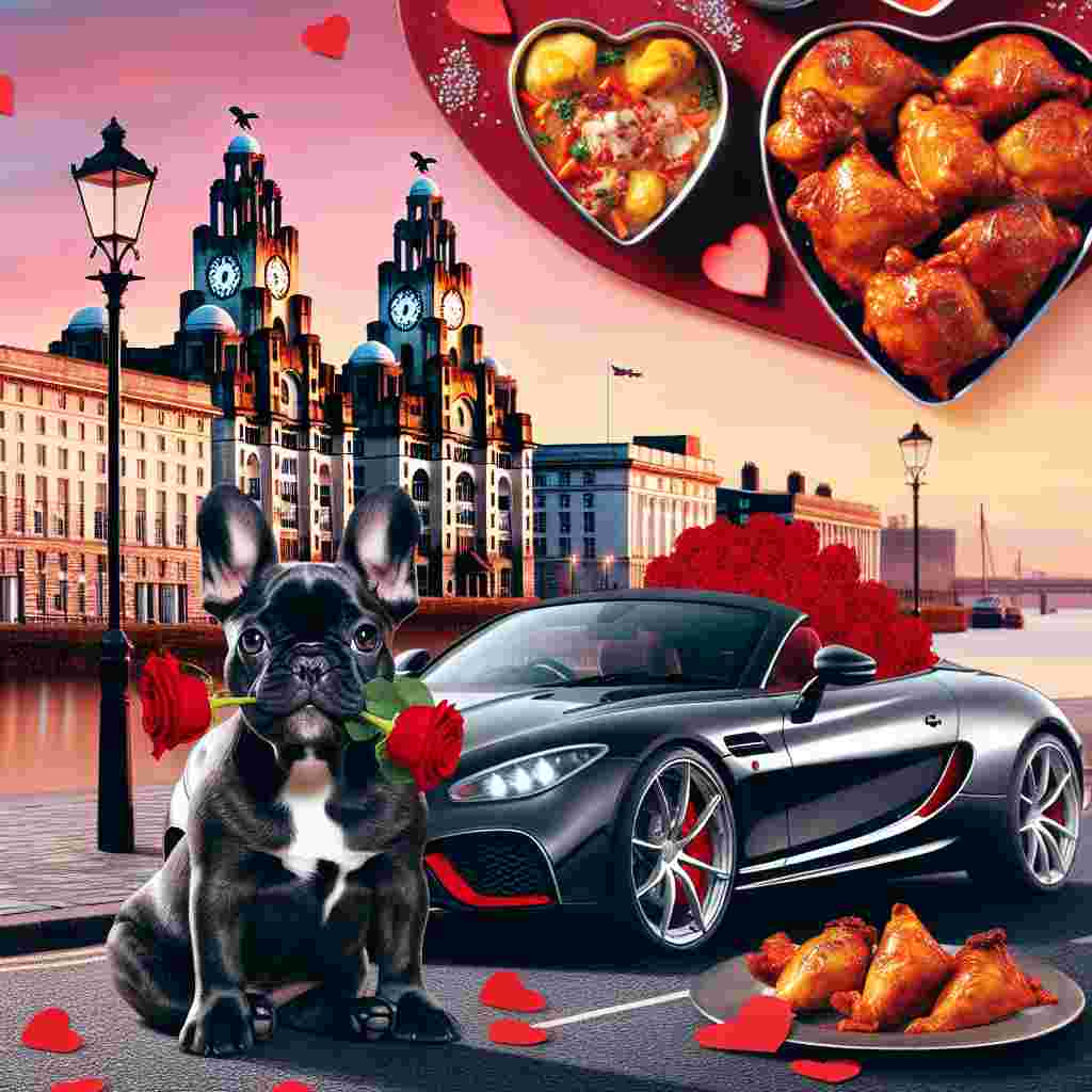 Create a romantic Valentine's Day scene set against the beloved skyline of Liverpool, England. In the foreground, let us see a black and tan French Bulldog holding a red rose in its mouth while sitting proudly in the driver’s seat of a glossy black luxury car, indicative of premium automotive engineering. It has parked outside an inviting Indian restaurant, where one can witness the artistic culinary skill of heart-shaped samosas and tandoori chicken visible through the warmly lit window. This image combines the elements of luxurious motor travel, delectable and creative cuisine, and the innocent allure of puppy love.
Generated with these themes: Black and tan French Bulldog , Indian food, City of Liverpool , and Black Polestar car.
Made with ❤️ by AI.