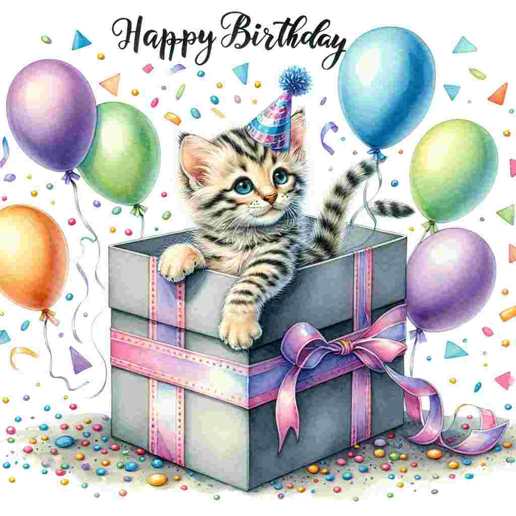 A watercolor illustration of a playful Egyptian Mau kitten popping out of a birthday present surrounded by balloons and confetti, with 'Happy Birthday' in elegant script above its head.
Generated with these themes: Egyptian Mau Birthday Cards.
Made with ❤️ by AI.