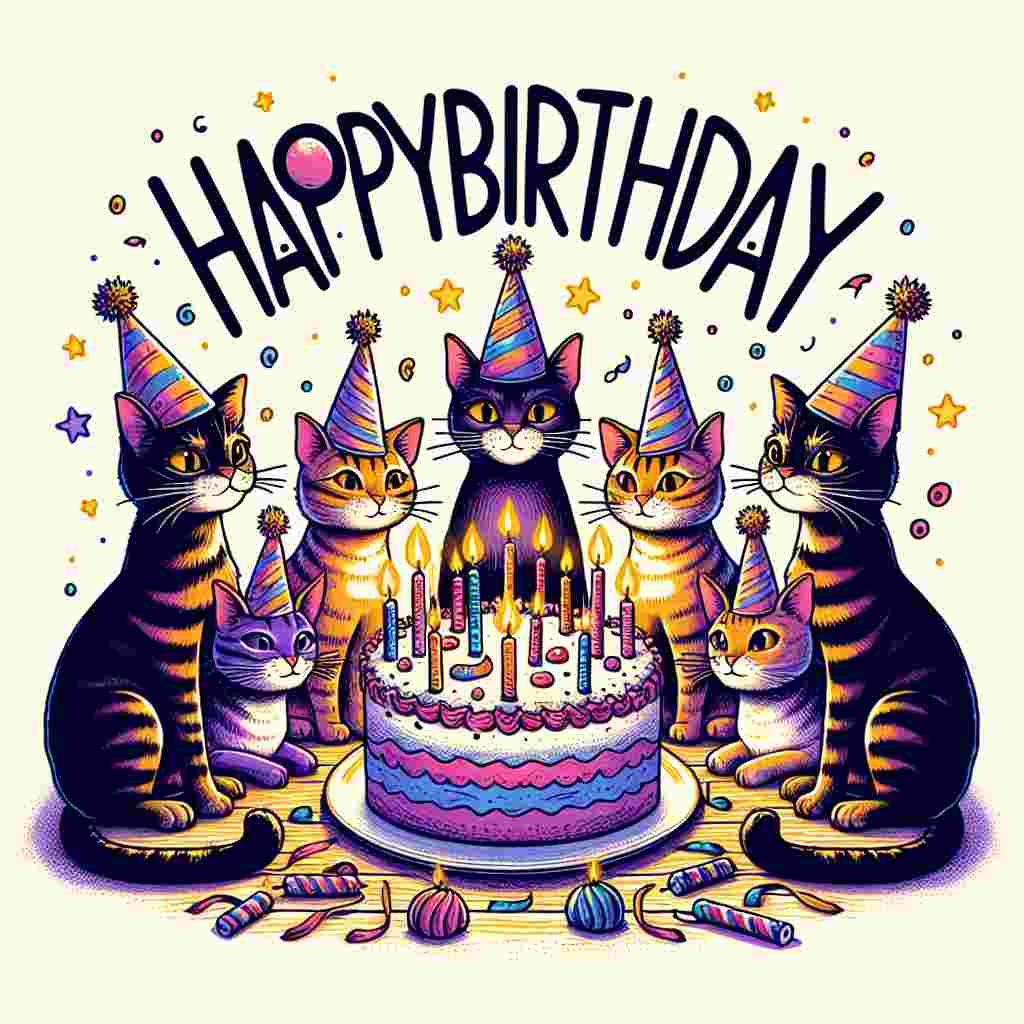 A digital drawing featuring a group of Egyptian Mau cats wearing party hats, sitting around a cake with candles. The text 'Happy Birthday' is displayed prominently in colorful, fun font at the top.
Generated with these themes: Egyptian Mau Birthday Cards.
Made with ❤️ by AI.
