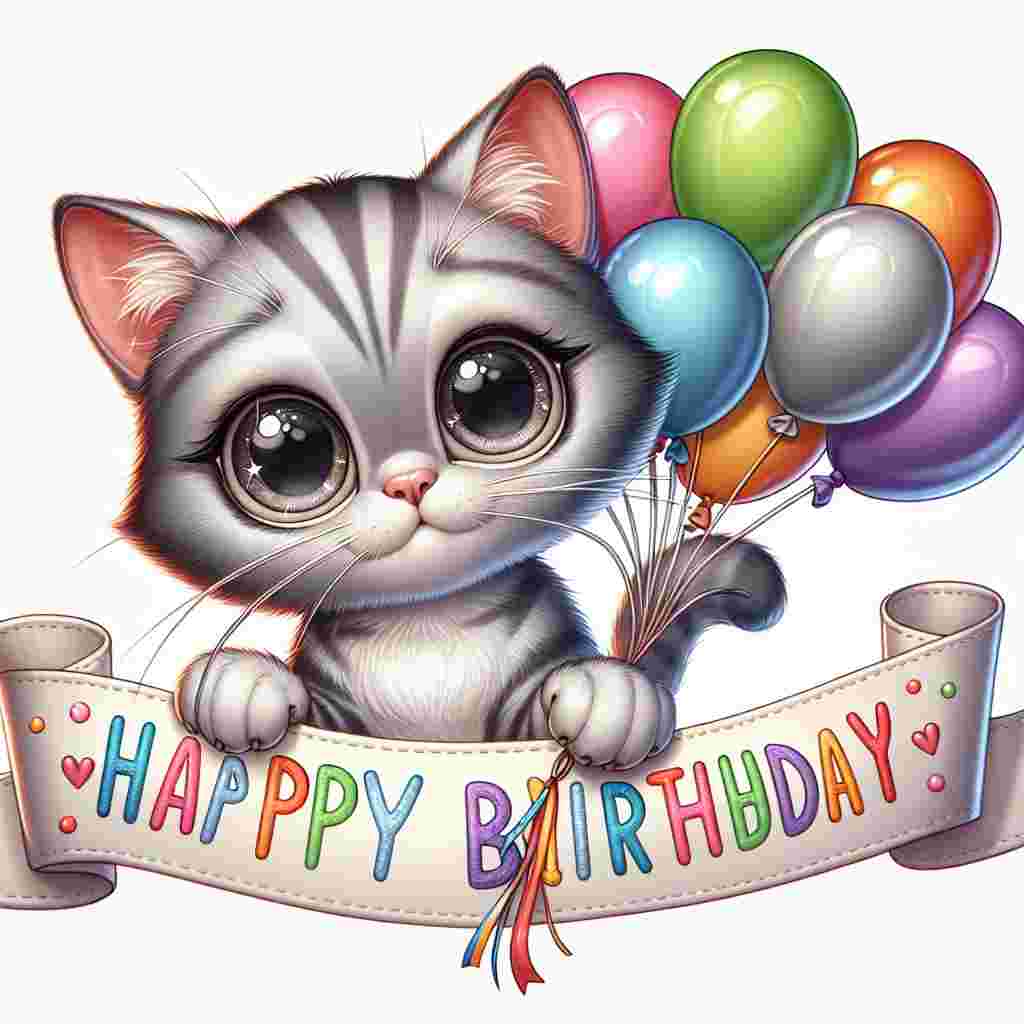 An animated Egyptian Mau with wide, sparkling eyes, clutching a bunch of helium balloons, its tail wrapped around a 'Happy Birthday' banner that stretches across the bottom of the scene.
Generated with these themes: Egyptian Mau Birthday Cards.
Made with ❤️ by AI.