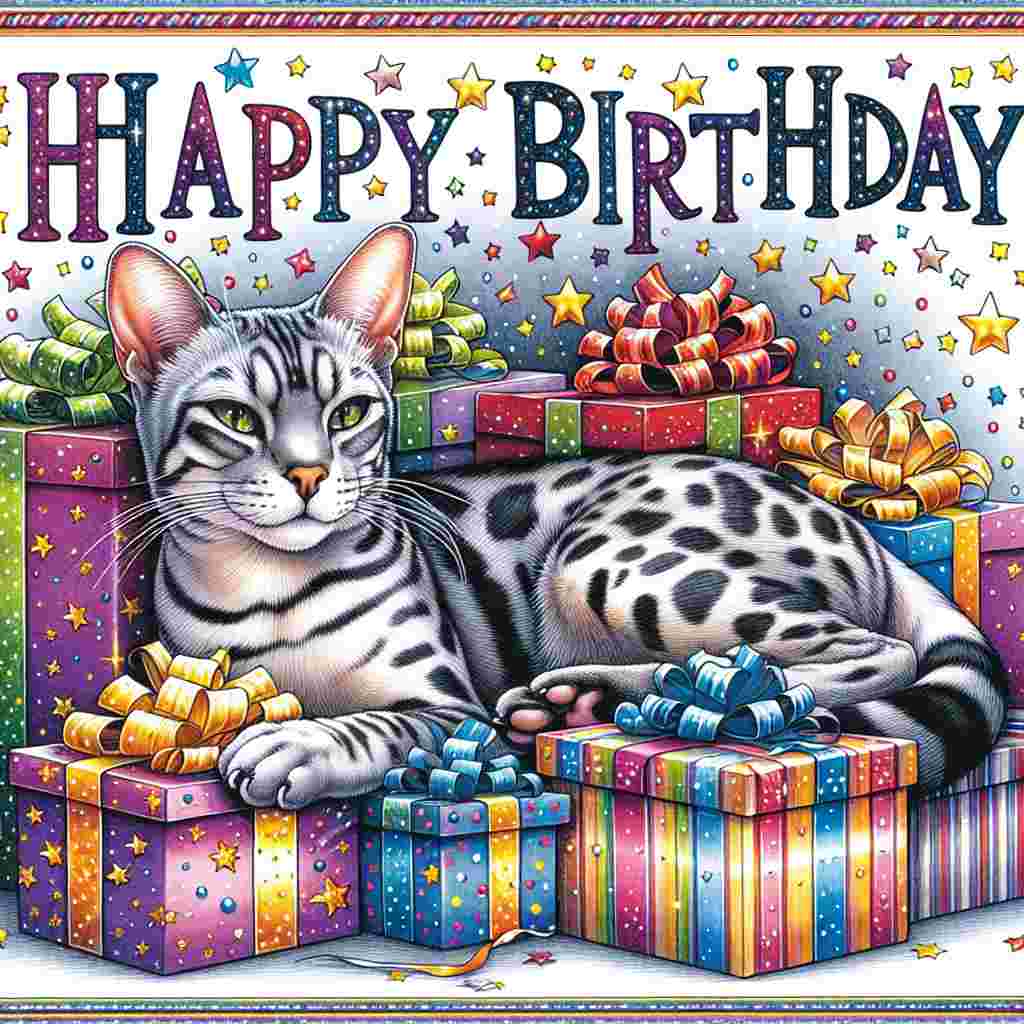A hand-drawn scene with a serene Egyptian Mau reclining amidst a pile of gifts, one paw resting on a wrapped box that says 'Happy Birthday', with decorative streamers and stars in the background.
Generated with these themes: Egyptian Mau Birthday Cards.
Made with ❤️ by AI.