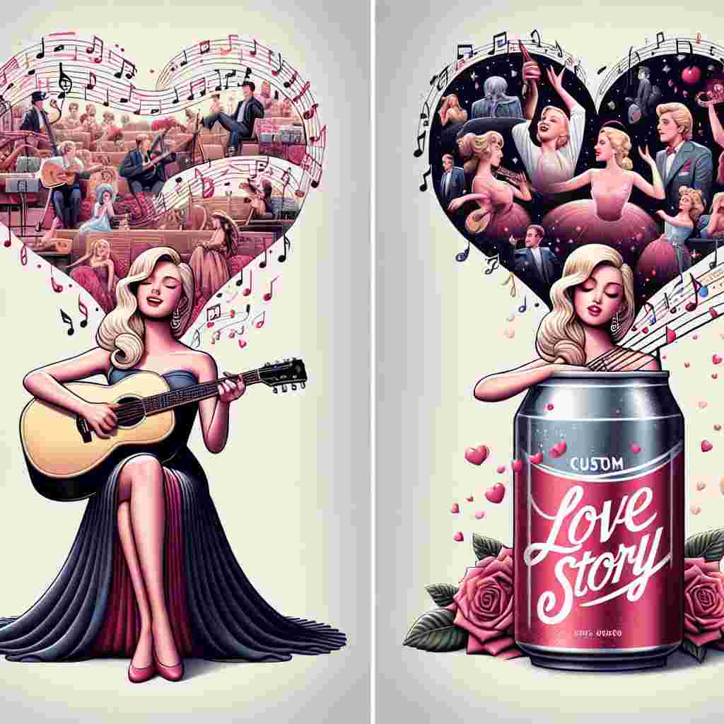 The second illustration underscores the spirit of Valentine's Day with an incognito pop singer, recognizable by her blonde hair and slim physique, delicately plucking a guitar. Floating musical notes surround her, each morphing into scenes borrowed from favorite musicals. Every note pulses with color and life, signifying romance and the delight of music. Adjacent, a soda can with a custom 'Love Story' label is complemented by a bouquet of roses, integrating the singer's classic look with the festive event.
Generated with these themes: Taylor Swift, Musicals, and Diet Coke.
Made with ❤️ by AI.