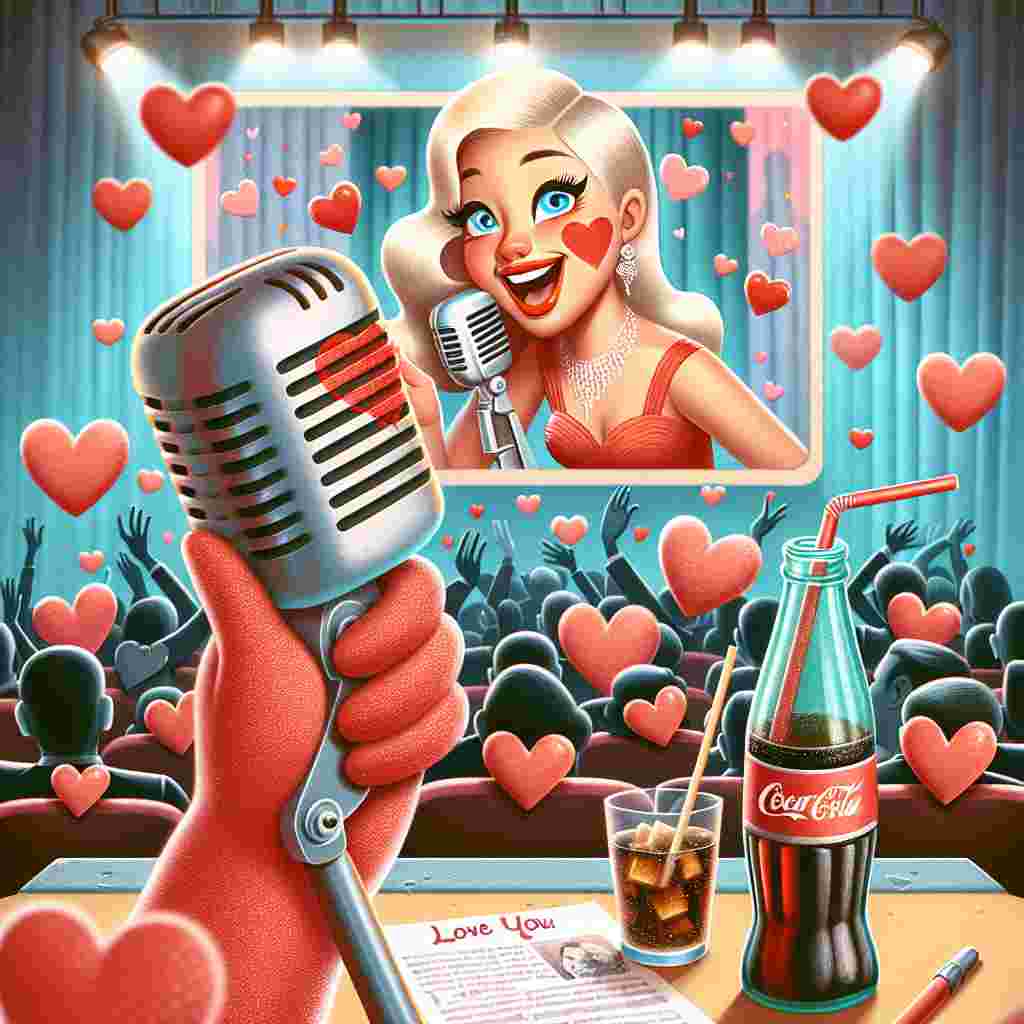 A playful Valentine's Day illustration showcases a blonde pop singer with a red lipstick mark, gripping a vintage microphone and serenading an audience of animated hearts. A large screen behind her flutters with anonymous scenes from famous yesteryear musicals, creating a love-tinted nostalgic environment. On a nearby table, designed in retro fashion, rests a chilled bottle of sugar-free cola with a straw, subtly placed as the preferred beverage during the singer's emotional performance.
Generated with these themes: Taylor Swift, Musicals, and Diet Coke.
Made with ❤️ by AI.