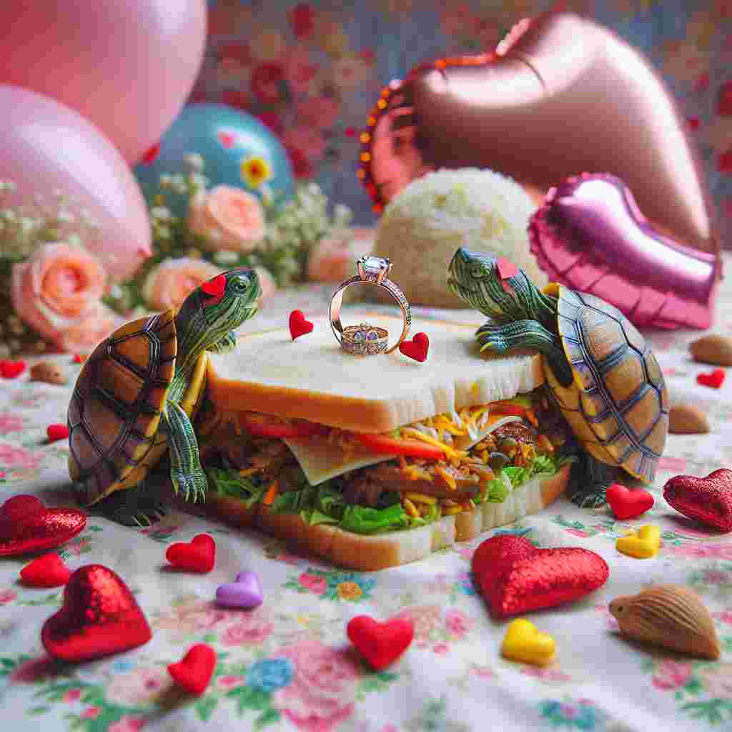 Create an image of a lovely scene themed around Valentine's Day, highlighting two adorable turtles. They should be exchanging tender gazes over a lavish spread of biryani laid out on a floral picnic blanket. A wedding ring, adorned with small hearts, is tucked within a BLT sandwich, symbolizing a unique fusion of love and gastronomic pleasure. To complete this whimsical setting, envision heart-shaped balloons, and sweet decorations that enhance the celebratory ambiance of the event.
Generated with these themes: Turtles, biriyani , wedding ring , blt sandwich.
Made with ❤️ by AI.