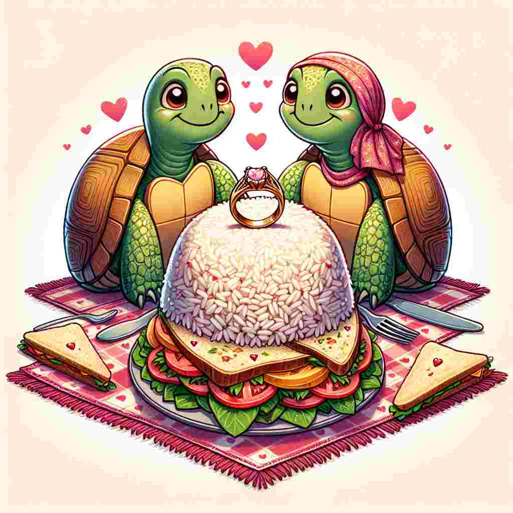 Generate a quaint and heartwarming illustration that captures the essence of Valentine's Day. The scene features two turtles with joyful expressions, seated at a picnic blanket adorned with a heart-patterned cloth. In the center of the setup, there's a delectable biryani, its aromatic spices suggesting a romantic dinner for two. On one corner of the blanket, a sparkling wedding ring is delicately placed atop a neatly wrapped BLT sandwich. This symbolizes the commitment between the turtles and the blend of love and everyday life.
Generated with these themes: Turtles, biriyani , wedding ring , blt sandwich.
Made with ❤️ by AI.