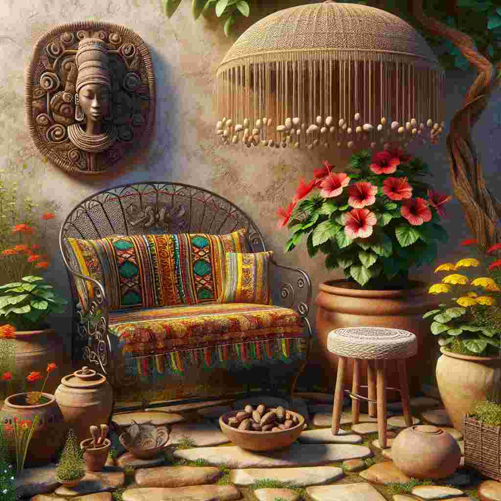 Imagine a quaint garden spot that holds an essence of Mother's Day and Yoruba culture. A stone pathway meanders to a cushioned wrought iron bench, adorned with vibrant African fabrics that bring out Yoruba artistry. Over this bench hangs an intricately woven raffia canopy offering comfort and shade. At the end of the bench, envision a terra cotta pot nurturing a blooming hibiscus plant, a symbol of fragility and power. Closeby, on an old-fashioned stool, a kola nut bowl rests beside a traditional Yoruba sculpture signifying respect to maternal wisdom and heritage.
Generated with these themes: Yoruba woman.
Made with ❤️ by AI.