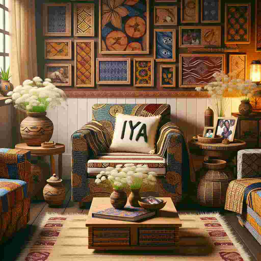 Create an image of a heartwarming Mother's Day-themed scene. The setting is within a cozy Yoruba-styled living room decorated with Aso Oke fabrics draped across furniture, each with a different pattern narrating a unique tale. There's a small Ankara-covered pillow resting on an armchair with the word 'Iya' embroidered on it as a tribute to mothers. In the middle of the room, a wooden coffee table holds a family photo album and it is surrounded by an arrangement of local wildflowers held inside a handmade vase. The space is bathed in warm light from a lantern, providing an honoring space for Mother’s Day without any individual present.
Generated with these themes: Yoruba woman.
Made with ❤️ by AI.