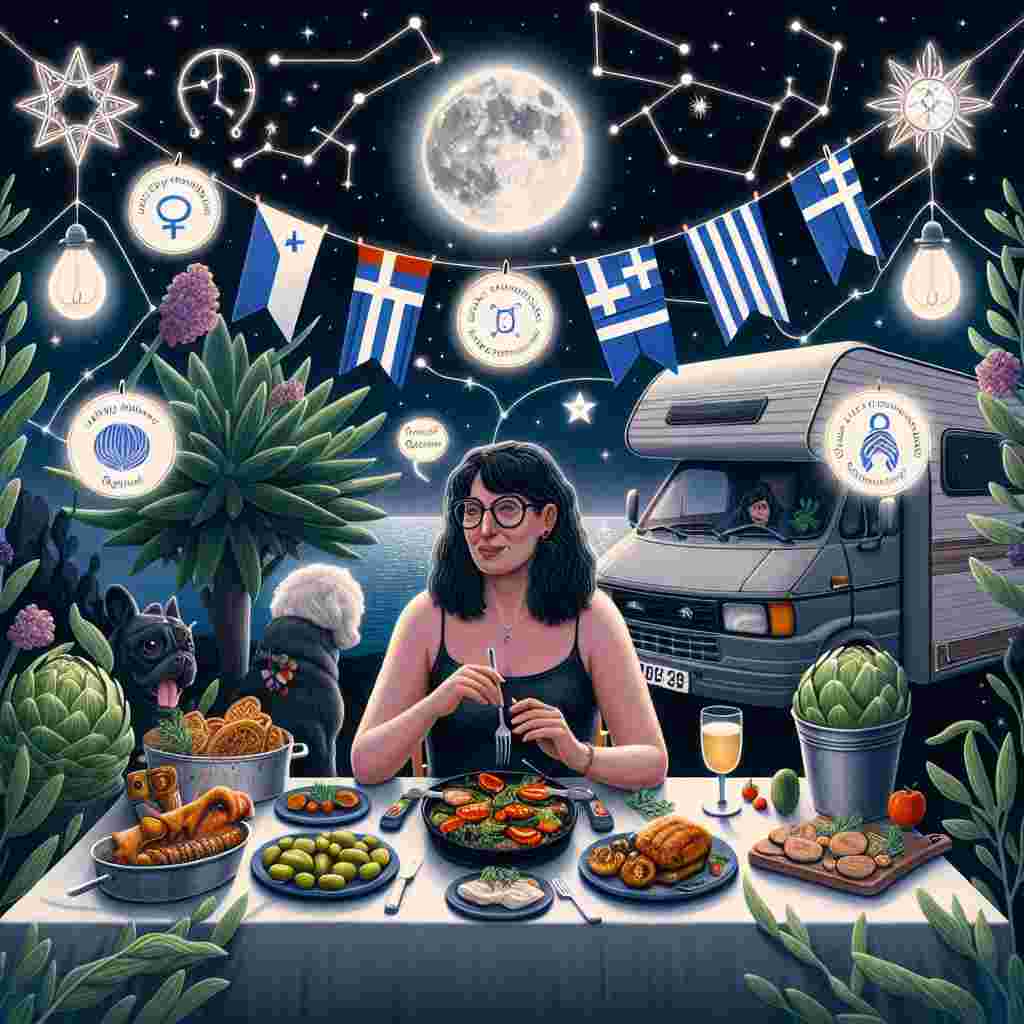 A surreal night scene under the radiant Gemini constellation, presenting a birthday celebration for a dark-haired, glasses-wearing woman who is turning 38. She is seated at a table laden with a feast of Greek BBQ and artichoke dishes, excluding olives and peppers. In the backdrop, a grey motorhome garnished with drawings of houseplants symbolizes her fondness for greenery. Intertwined within the scene are emblems of Gemini, indications of her Cypriot roots, and tokens of her unwavering commitment towards disability rights activism, represented by achievement ribbons hanging from a verdant plant. Ethereal speech bubbles float around, reflecting her love for talking therapy, blending her disparate interests into a mesmerizing, dreamy birthday spectacle.
Generated with these themes: Anita is turning 38, she is Cypriot and her zodiac sign is Gemini, she has long dark hair and wears rectangular black glasses. She loves talking therapy and eating Greek food, especially BBQ, artichokes but not olives or peppers, she loves houseplants and her grey motorhome. She is a disabled rights activist and cares about the welfare of others. .
Made with ❤️ by AI.
