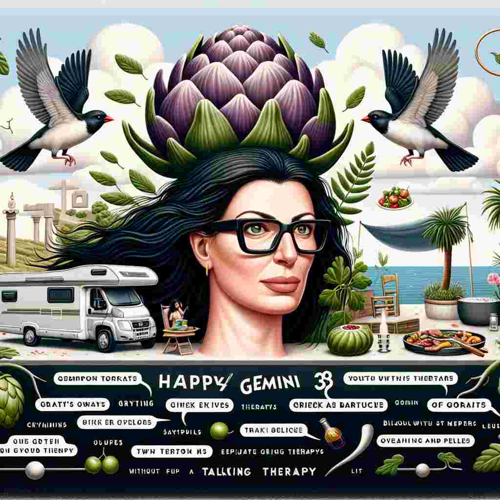 Create an imaginative portrait celebrating a woman's 38th birthday, with an emphasis on her Gemini astrological sign. The woman is depicted soaring in the sky, supported by twin sparrows, with her dark hair flowing behind her and she's wearing rectangular black glasses. Set against a fantastical backdrop of a Cypriot landscape, a grey motorhome is tucked under a giant artichoke plant. Speech bubbles blend seamlessly with the clouds, symbolizing elements of talking therapy. A Greek barbecue feast without olives and peppers fills the table. Lush houseplants dot the environment, and the design is framed by text supporting equality and advocating for disability rights.
Generated with these themes: Anita is turning 38, she is Cypriot and her zodiac sign is Gemini, she has long dark hair and wears rectangular black glasses. She loves talking therapy and eating Greek food, especially BBQ, artichokes but not olives or peppers, she loves houseplants and her grey motorhome. She is a disabled rights activist and cares about the welfare of others. .
Made with ❤️ by AI.