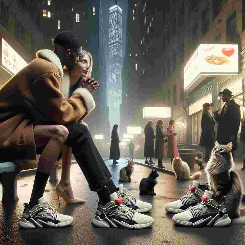 Amid an urban landscape lit by the soft glow of streetlights, a fashionable and affectionate Caucasian woman and Black man are in the spotlight, both dressed in current and edgy streetwear. Their feet are adorned with exclusive limited-edition sneakers that reflect their unique and unexpected harmonious relationship. The quiet buzz of admiration from bystanders mingles with the purring of cats, all stylishly attired and sporting little heart-shaped name tags. The tantalizing aroma of high-end street cuisine permeates the air, adding another dimension of sensorial pleasure to this surreal yet touchingly realistic Valentine's tableau.
Generated with these themes: Interracial couple, Sneakers, Fashion, Streetwear, Cats, and Food.
Made with ❤️ by AI.