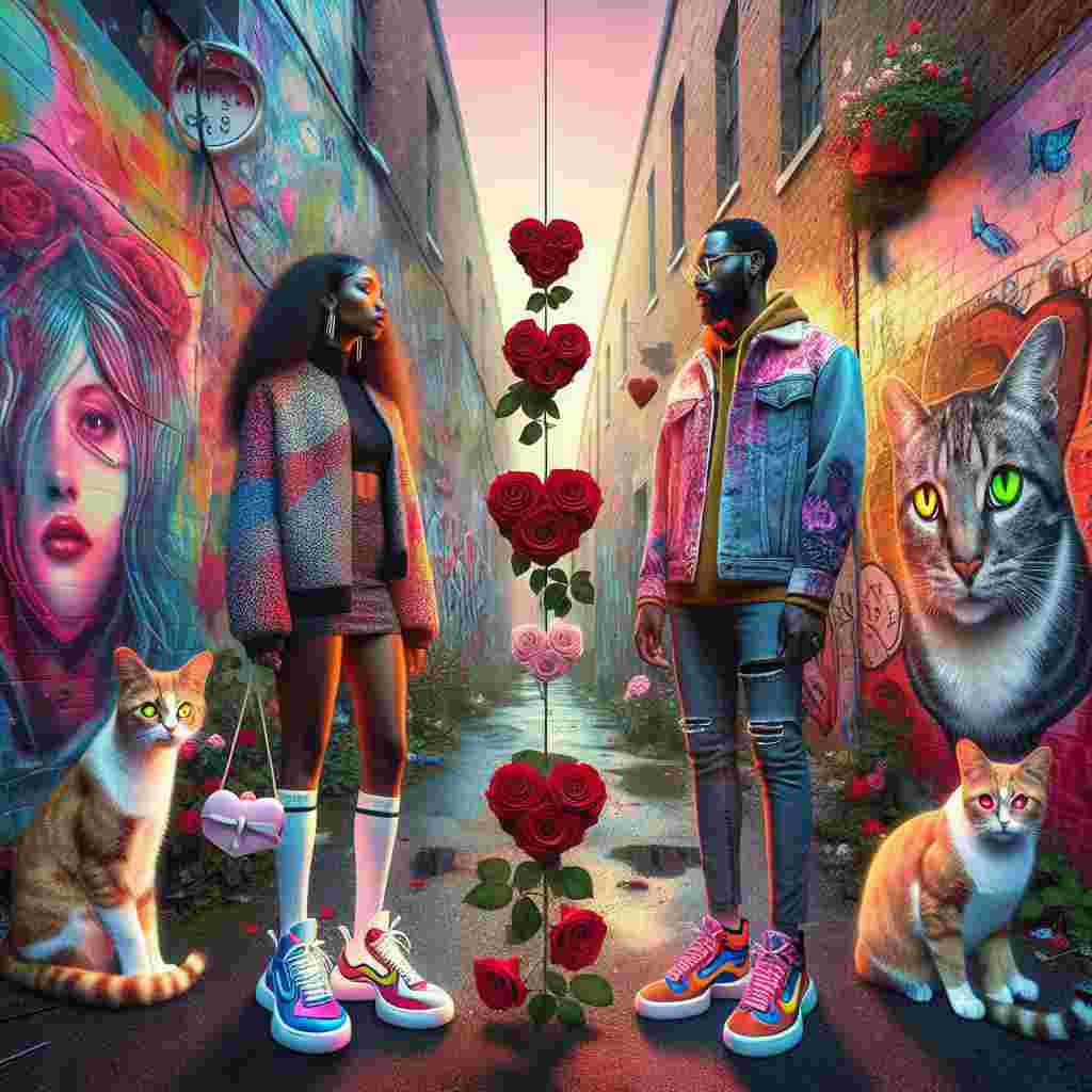An interracial couple, a Black woman and a Hispanic man, are standing in an alleyway adorned with layers of colourful graffiti. They are dressed in unique and stylish streetwear, contrasting vividly with the dreamy surrealism of their surrounding. A pair of sneakers is tied together, hanging from an overhanging wire in a playful manner. Nearby, a duo of felines displaying bright, mismatched eyes are frolicking around a rosebush, improbably flourishing amidst the urban environment, with roses blossoming into heart shapes. The atmosphere is rich with the combined aroma of various street food, creating an intoxicating, surreal ambiance that captures the spirit of Valentine's Day in a non-traditional yet romantically charming way.
Generated with these themes: Interracial couple, Sneakers, Fashion, Streetwear, Cats, and Food.
Made with ❤️ by AI.
