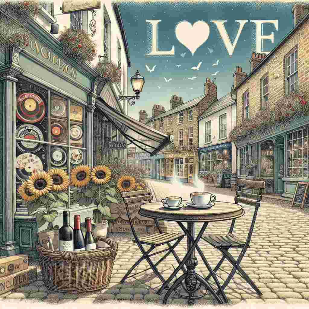 Generate an illustration of a quaint English market town, with a central cozy bistro table for two, set on a cobblestone sidewalk outside a charming café. A steamy cappuccino on the table should intermingle with the word 'Love' hovering above. The café should be surrounded by delightful shops, notably a vinyl record shop constantly playing love songs and a wine shop with select bottles ideal for romantic dates. Include sunflowers emerging from baskets for a vibrant yellow accent and a clear blue sky overhead signaling a superb day. The overall atmosphere should emit warmth, intimacy, and a nostalgic romance underscored by the gentle notes of vinyl records.
Generated with these themes: Bistro table set for two outside a café, Vinyl records, English market street town, Cappuccino on the table, Love, Sunflowers, Shops, Blue sky , Vinyl record shop, and Wine shop.
Made with ❤️ by AI.