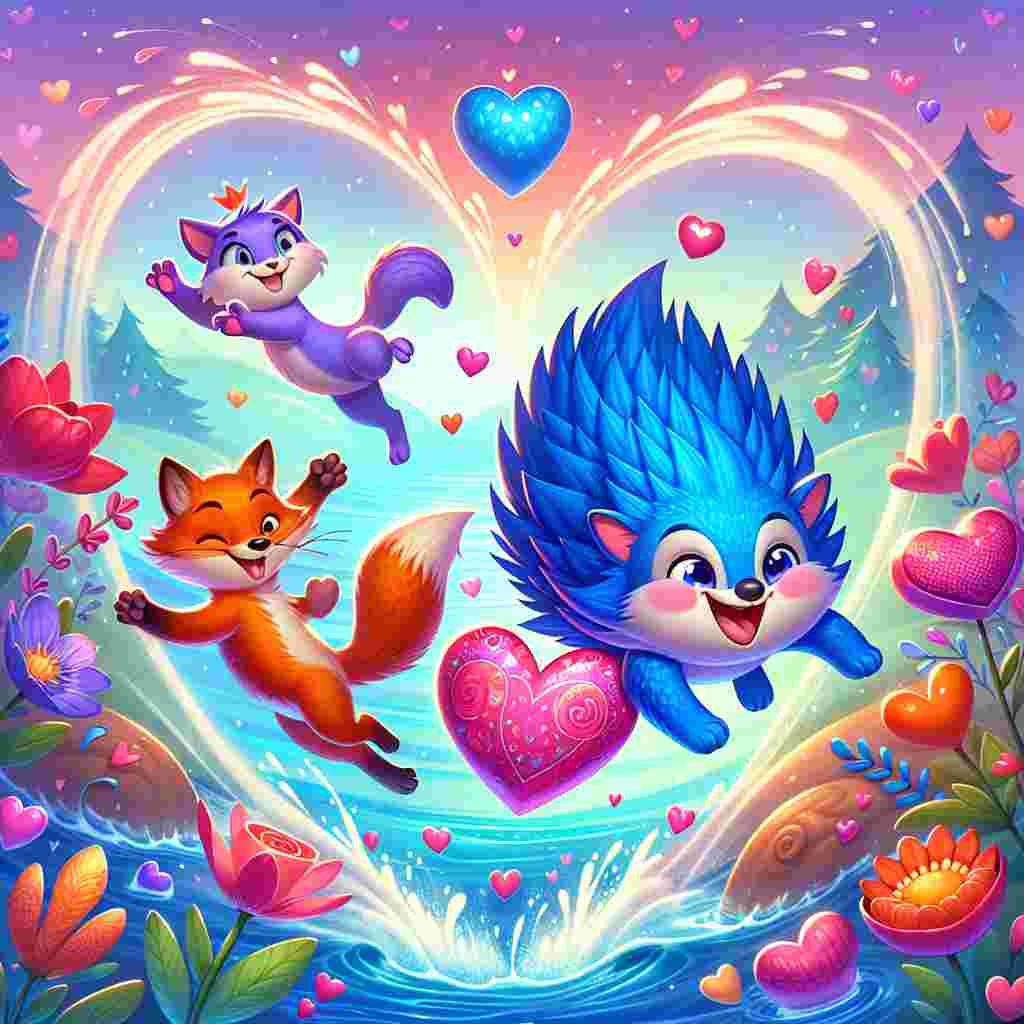 A captivating Valentine's Day illustration featuring an energetic blue hedgehog, a lively orange fox, and a fantastical purple cat jubilantly swimming in a heart-shaped river. The accompanying landscape is brimming with love as bright flowers and whimsical hearts float in the water, setting the stage for a cozy and romantic ambiance.
Generated with these themes: Sonic hedgehog , Fox, Cat, Swimming, and River Mersey .
Made with ❤️ by AI.