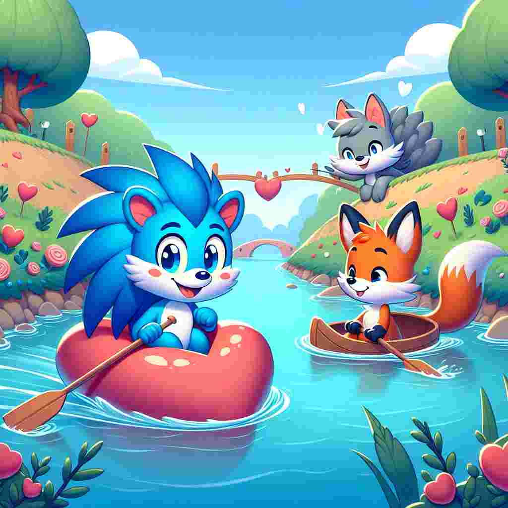 A cheerful anthropomorphic blue hedgehog, a friendly fox, and a cuddly cat are seen enjoying a Valentine's day adventure together. They are playfully paddling in the serene waters of a river, which stylistically twists and bends into a perfect heart shape. The riverbank is beautifully adorned with decorations reminiscent of Valentine's day, further emphasizing the atmosphere of love and celebration.
Generated with these themes: Sonic hedgehog , Fox, Cat, Swimming, and River Mersey .
Made with ❤️ by AI.